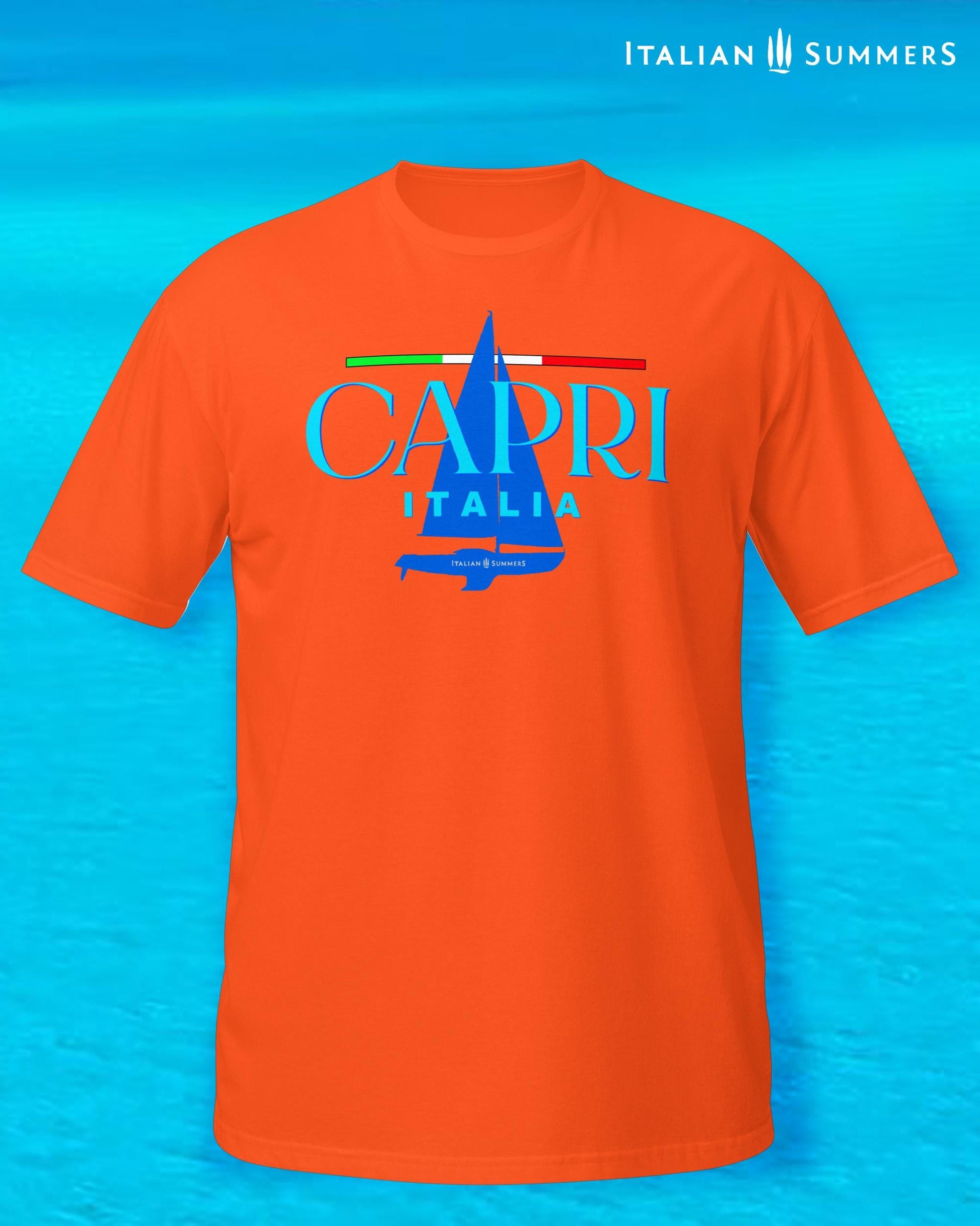A vintage orange  T shirt with a frontal print featuring a marine blue silhouette of a sailboat and a large text: CAPRI, ITALIA, with a thin Italian flag as a chevron, looking like a sailing shirt for sportsmen or Mediterranean Sea enthusiasts.