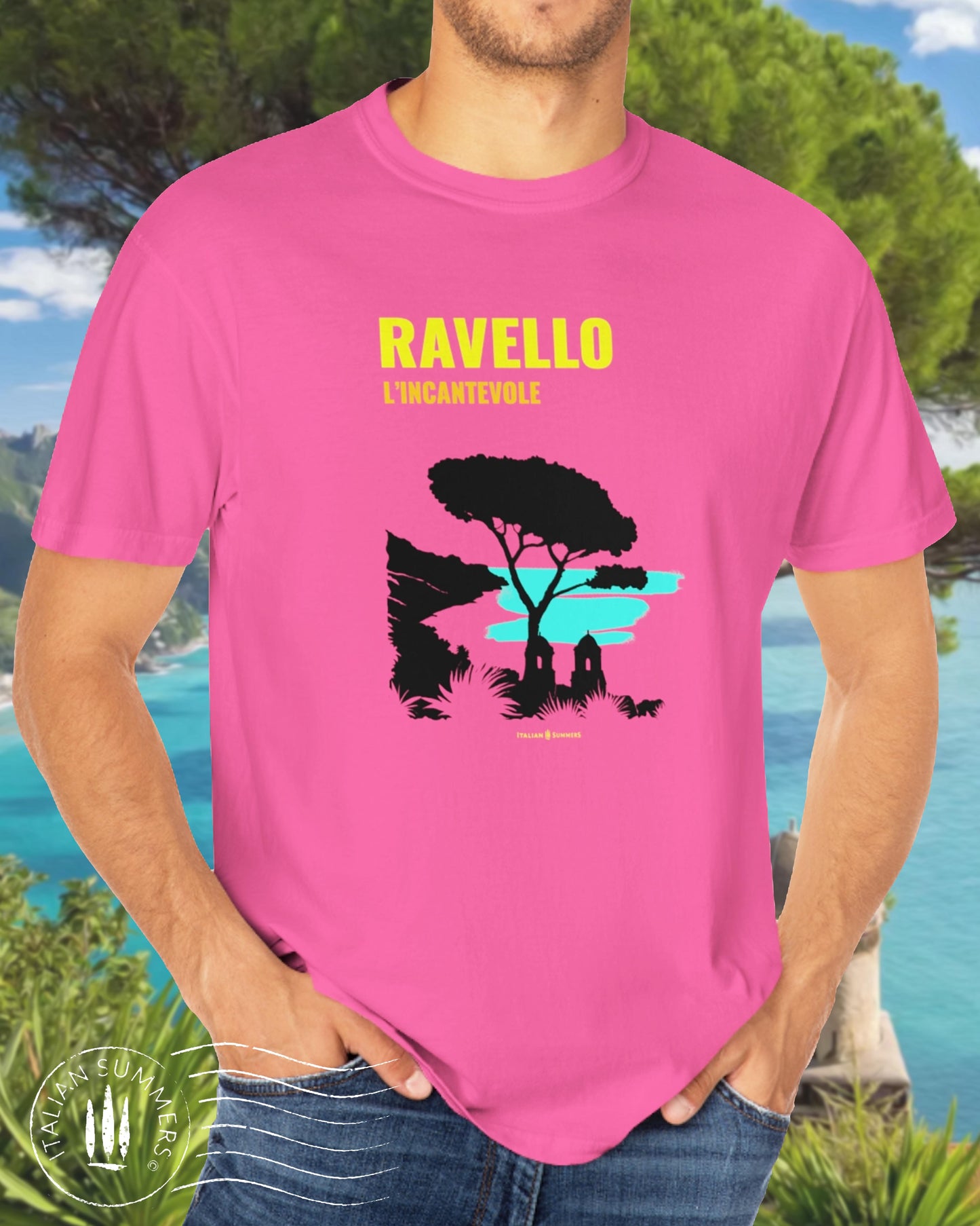 Italy-inspired garment dyed T shirt with a print of the Amalfi Coast location of Ravello with the quote of "Ravello, l'incantevole" Ravello the enchanting. Made by Italian Summers