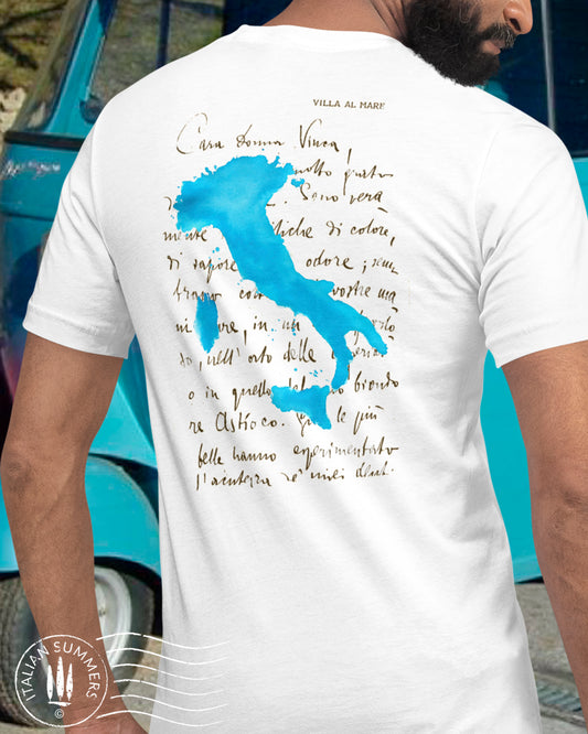 Italy Inspired T shirt with the print of a watercolor blue Italy shape over a hand-written letter from an  Italian Poet of the 1800s to an Italian Lady, the blue text ITALY is o the left sleeve, the blue watercolor shape of the country of Italy is on the left chest. Made by Italian Summers