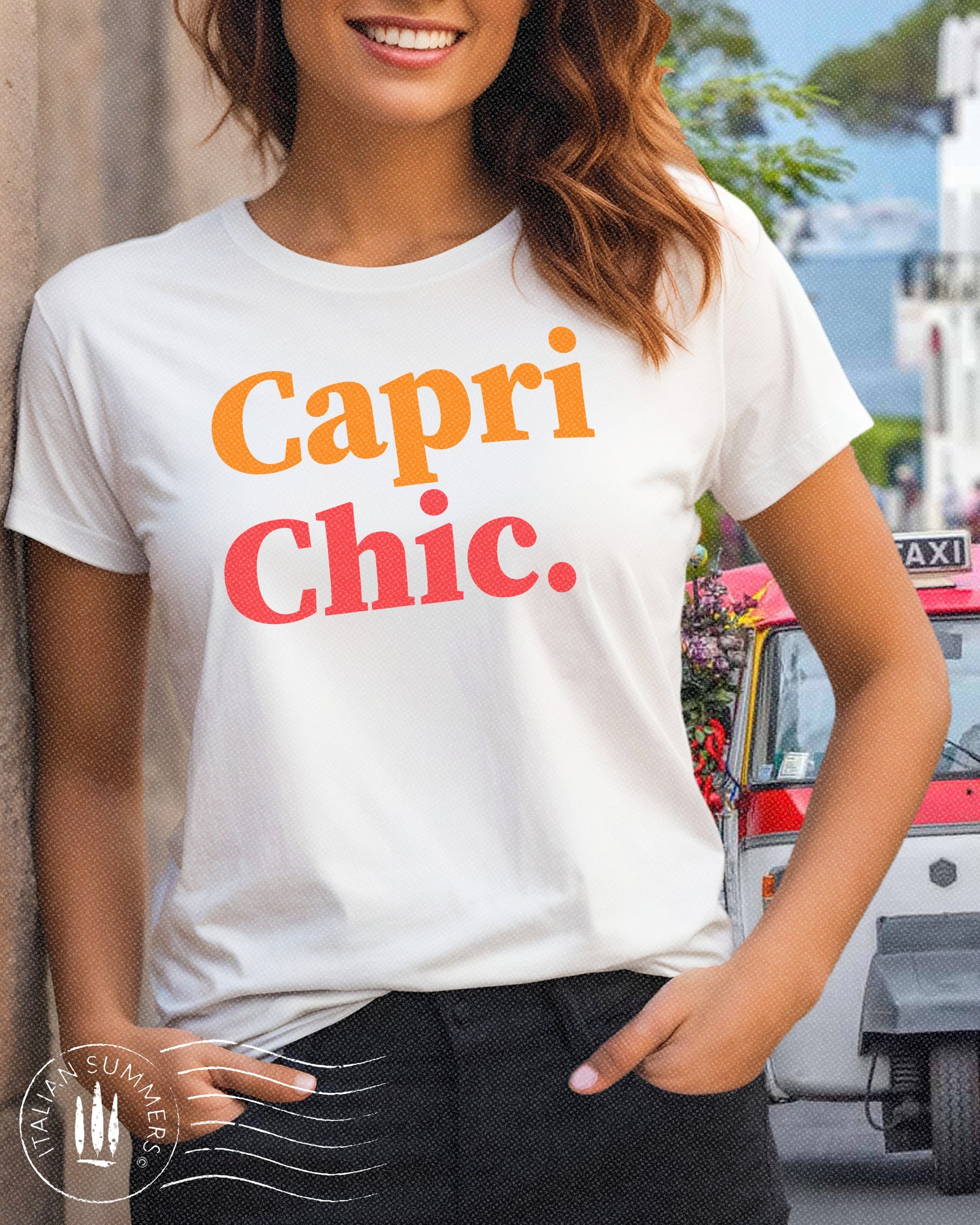 A girl is wearing an Italy inspired t-shirt with the words Capri Chic in the text color yellow for Capri and vintage red for Chic. Designed and sold by Italian Summers