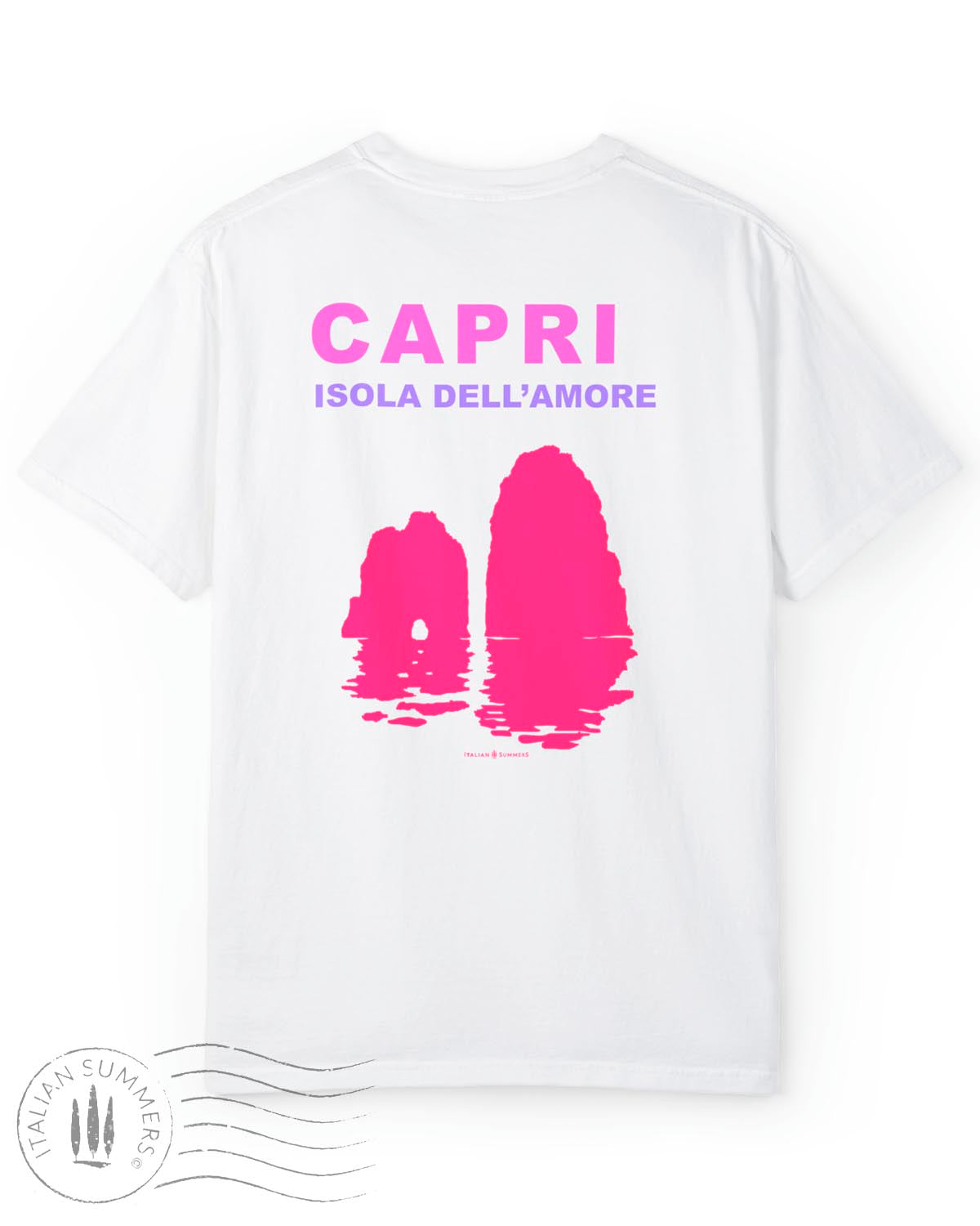 A soft white cotton shirt with a pink and fuchsia print depicting the Faraglioni islets of the famous island of Capri. The text on the print states " Capri Isola dell'Amore" Capri, island of love.