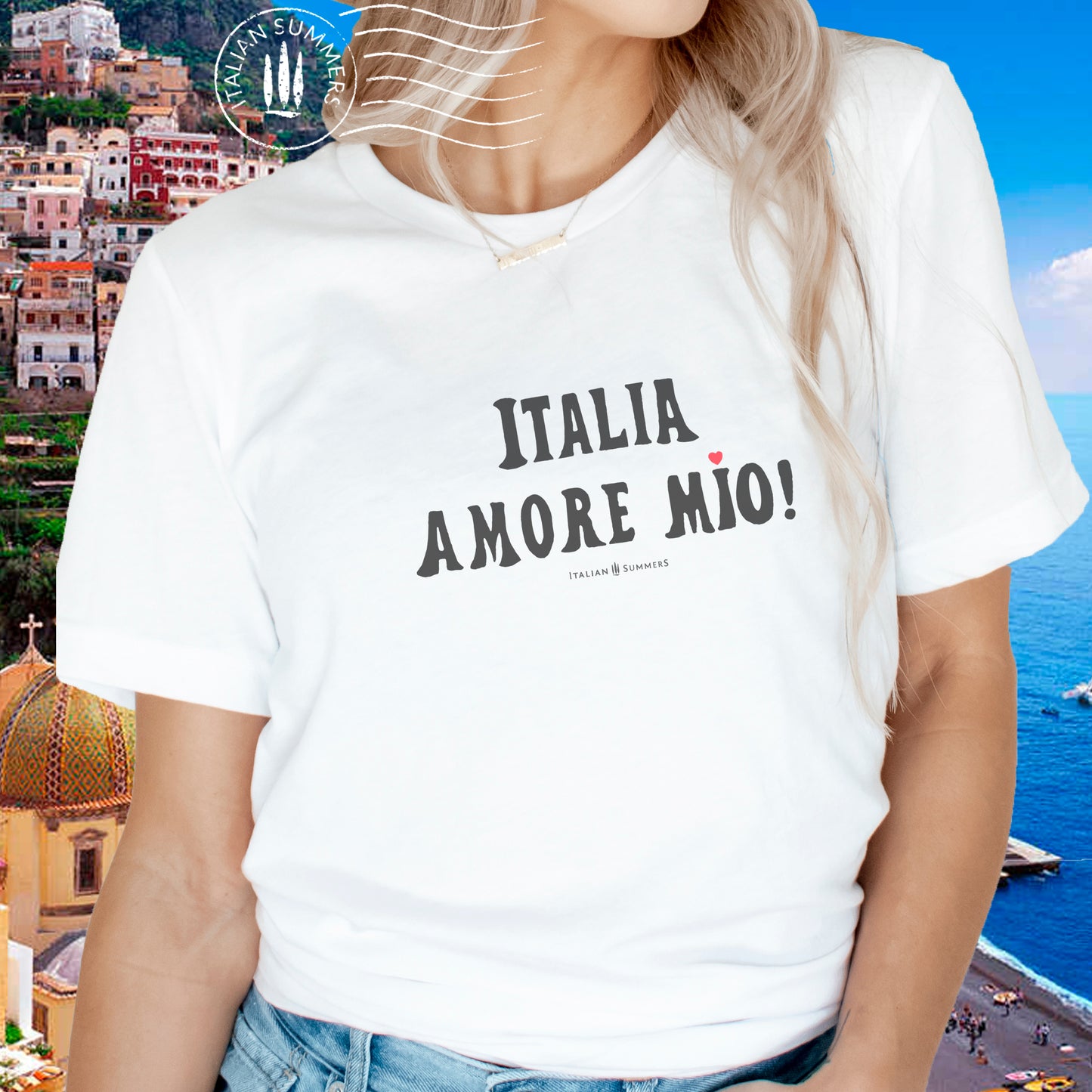 Italy T Shirt  Italia Amore Mio,  white cotton with bold black  hand-painted text  "Italia Amore Mio" the 'I' on the word 'mio' is punctuated by a small red heart. Made By Italian Summers