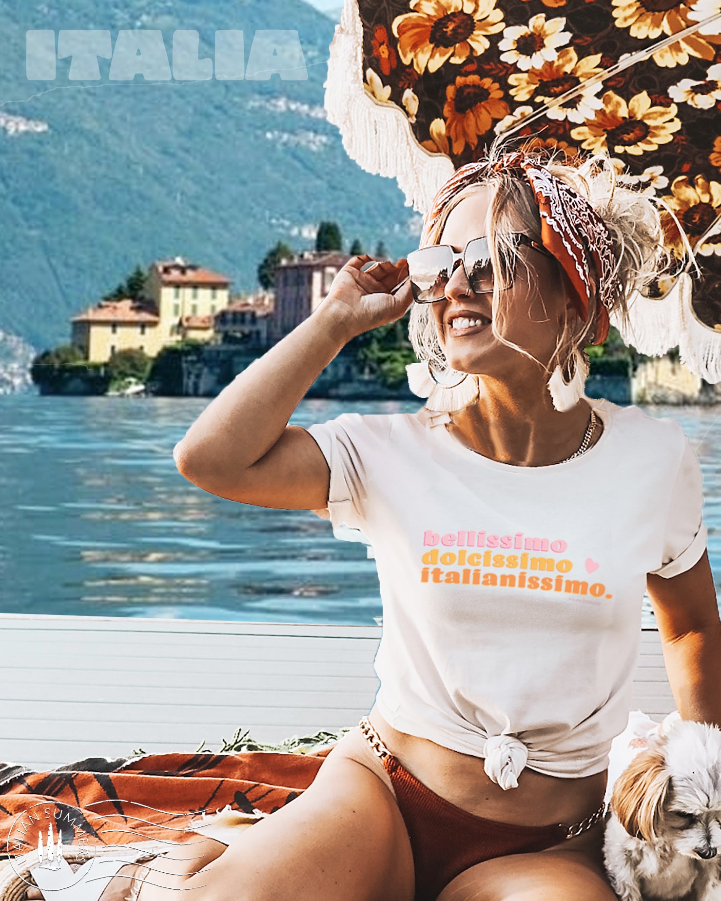 Italy inspired white cotton T shirt, crew-neck unisex shirt with the Italian phrase: "Bellissimo,dolcissimo, Italianissimo"  in soft pastel orange and pink colors from the 1970s design tradition.