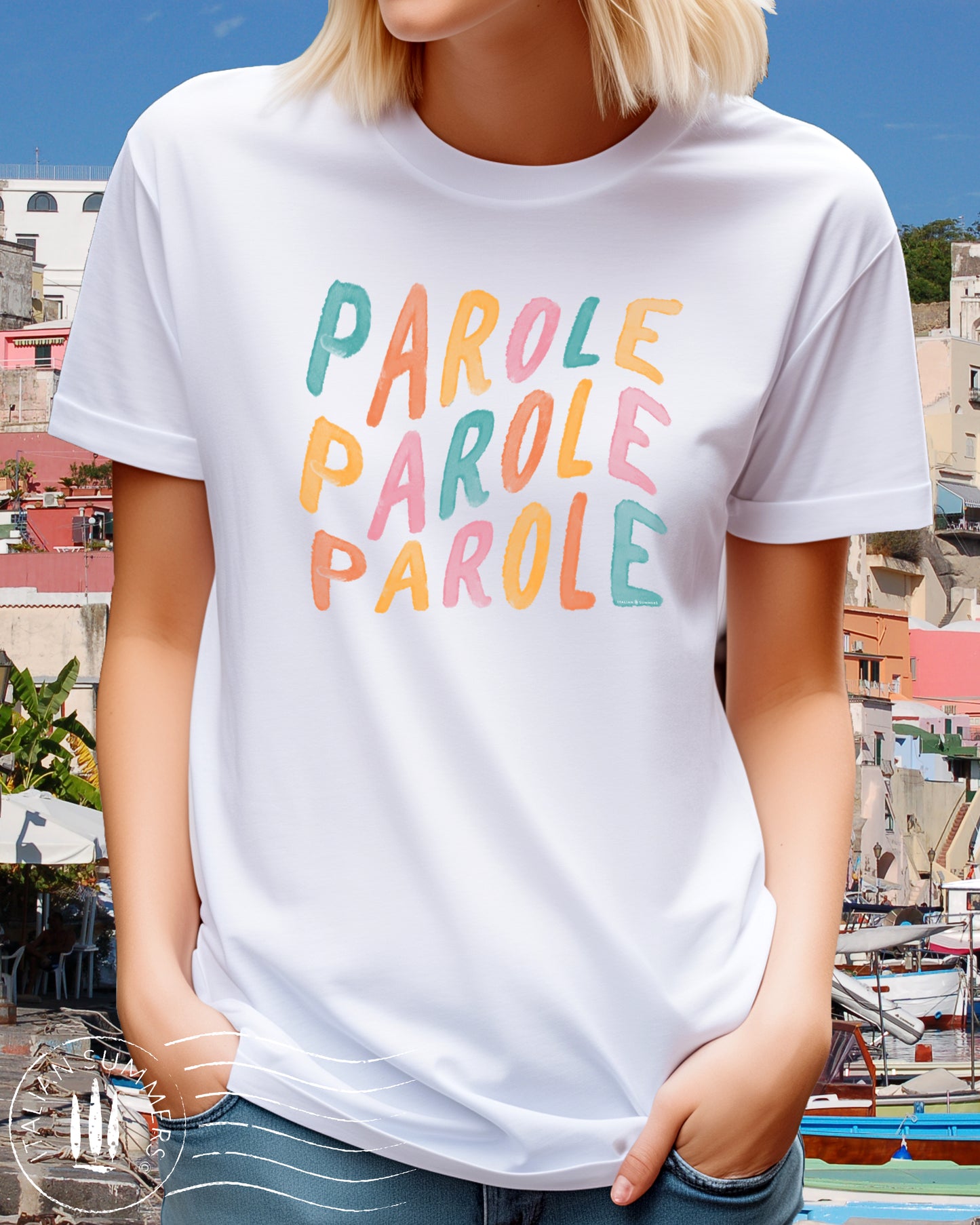 A girl is wearing an all-cotton white t-shirt with a colorful Italian quote in soft pastel tones: 'parole, parole, parole', reminiscent of Mina's famous Fab 70s song. Perfect to evoke that cheerful feeling when you wear it!