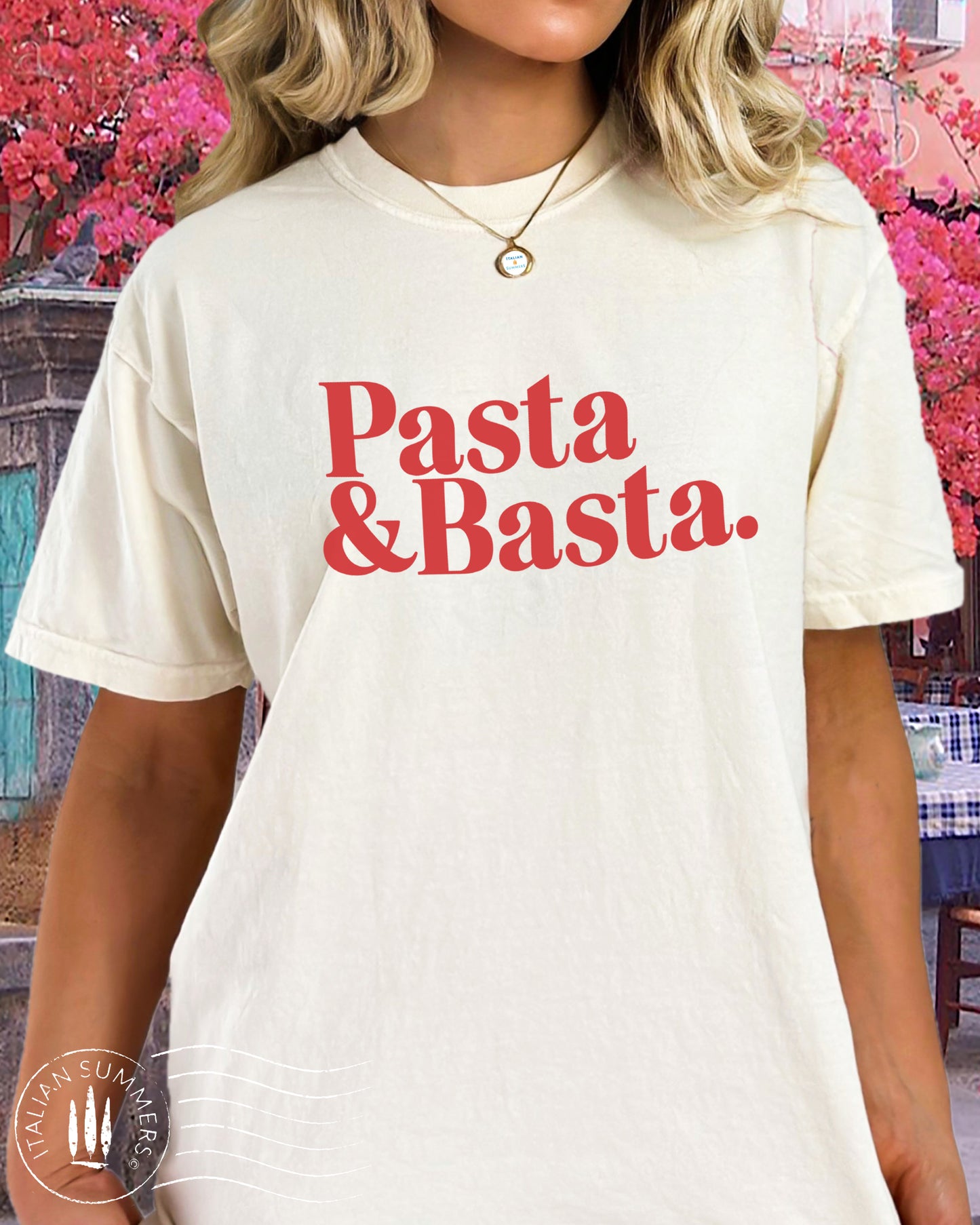 A girl is wearing an Italy-inspired
white Unisex crew neck T shirt with a large retro text: Pasta & Basta.
