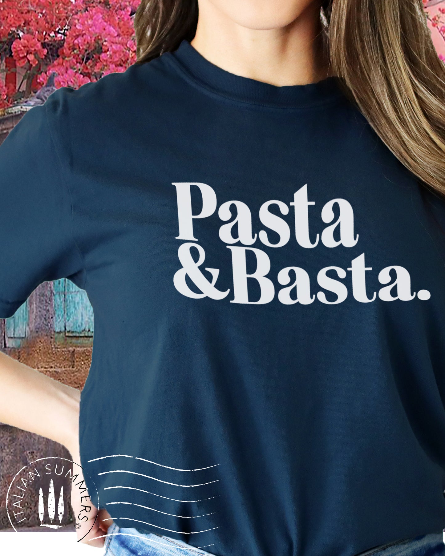 A girl is wearing an Italy-inspired navy blue Unisex crew neck T shirt with a large retro text: Pasta & Basta.
