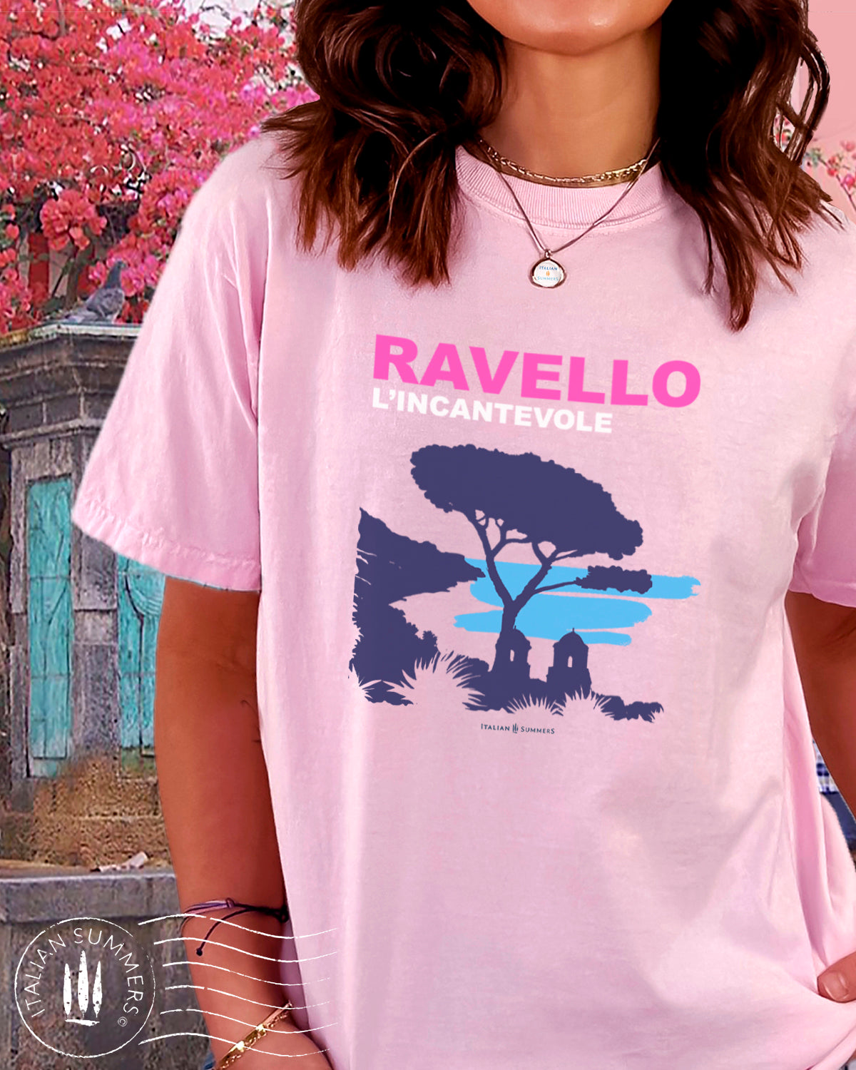 Italy-inspired garment dyed T shirt with a print of the Amalfi Coast location of Ravello with the quote of "Ravello, l'incantevole" Ravello the enchanting. Made by Italian Summers