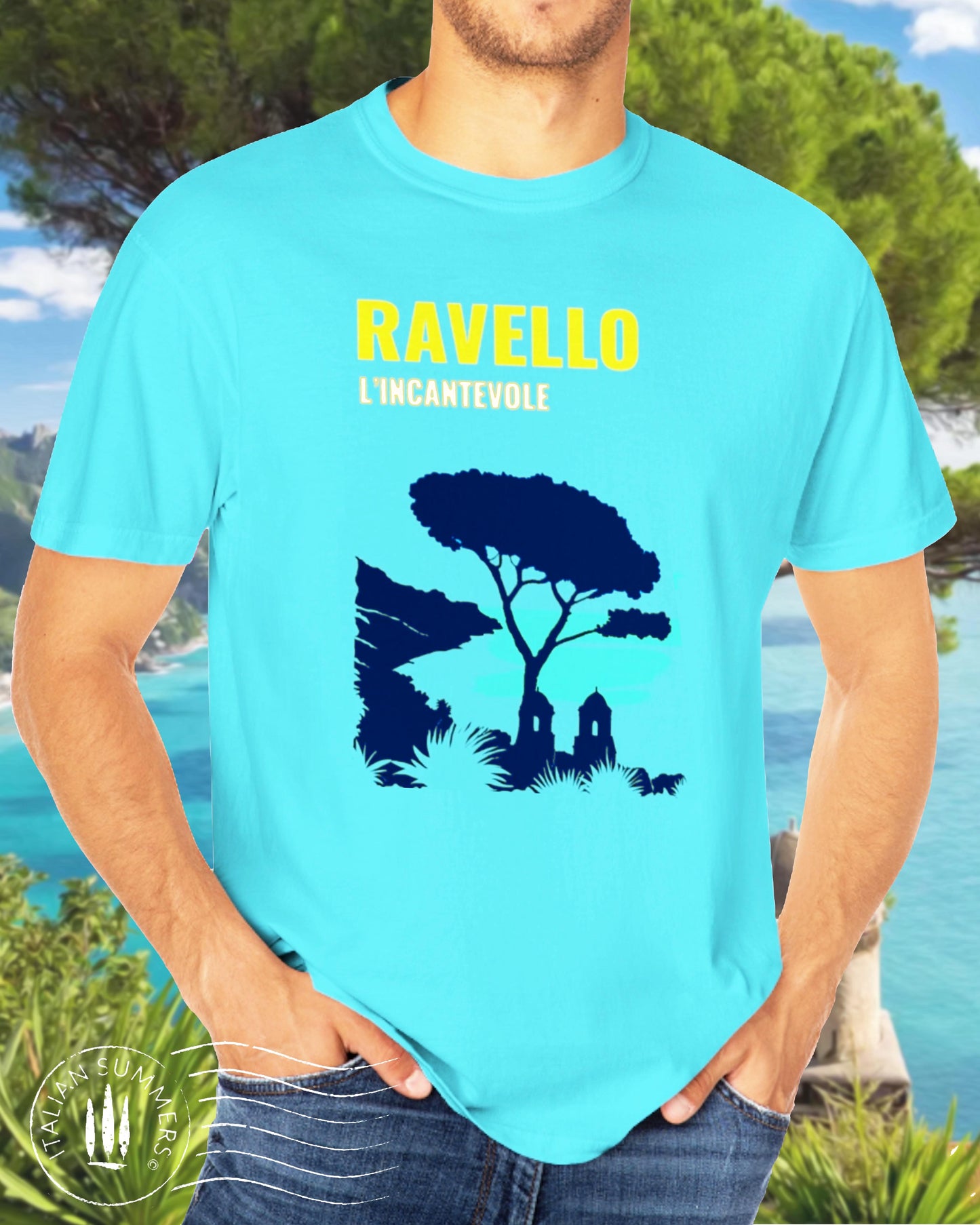 Italy-inspired garment dyed T shirt with a print of the Amalfi Coast location of Ravello with the quote of "Ravello, l'incantevole" Ravello the enchanting. Made by Italian Summers