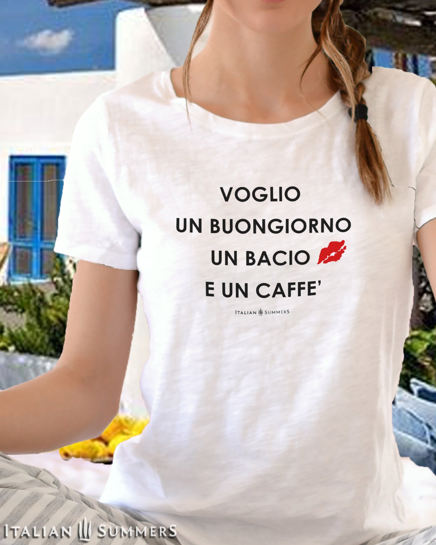 Itay inspired white cotton crew-neck unisex T shirt  with the Italian phrase: "Voglio un Buongiorno un Bacio e un Caffe'"  (I want a good-mornig, a kiss and a coffee)  with a red kiss stamped on the left chest