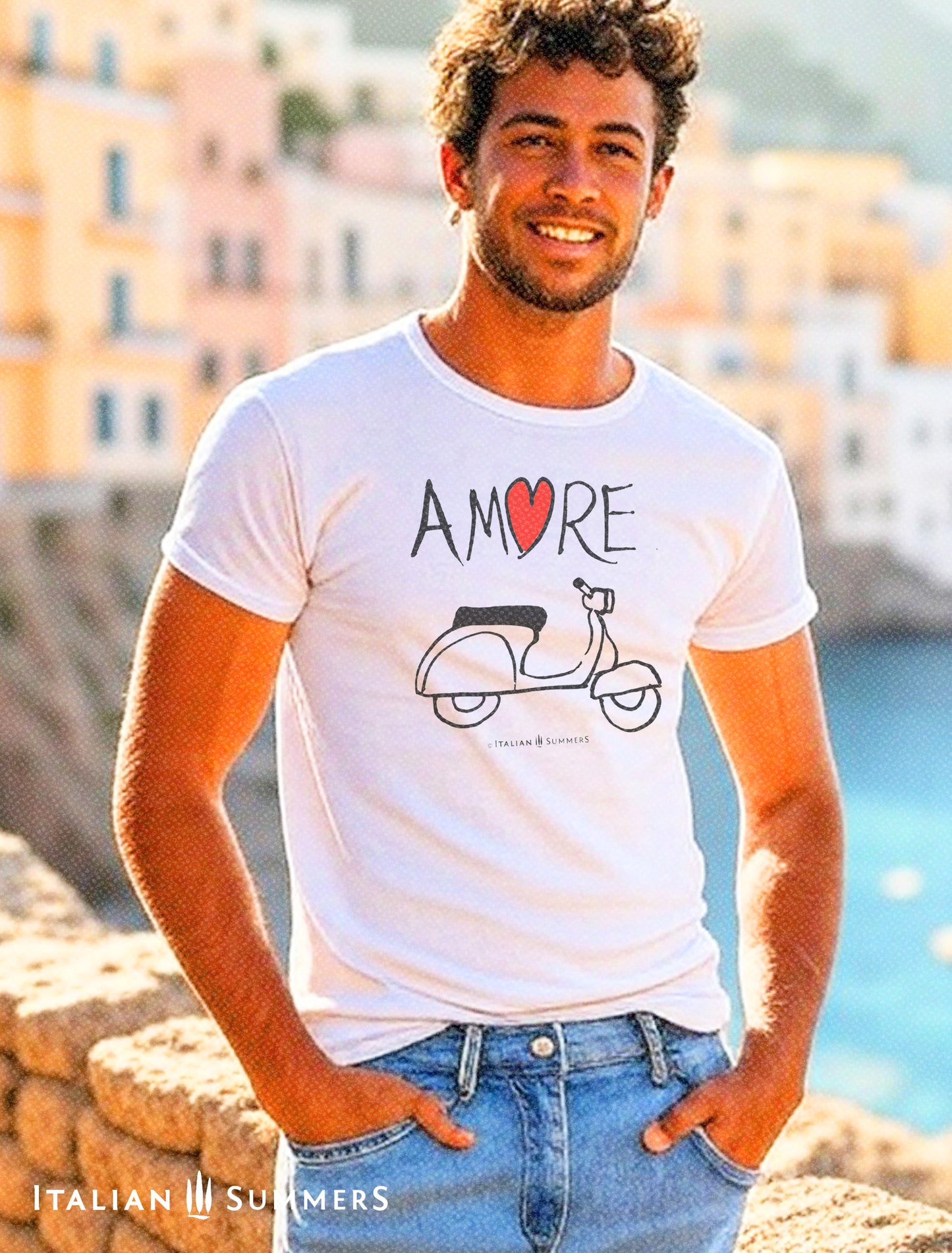 Italy inspired  white T Shirt  with a print of  hand-painted artwork we produced for a ceramic plate.  The  the word 'Amore'  with a vintage Vespa scooter  underneath. For all nostalgic Italy lovers, sure to bring a smile and a conversation in like-minded people! Made by Italian Summers