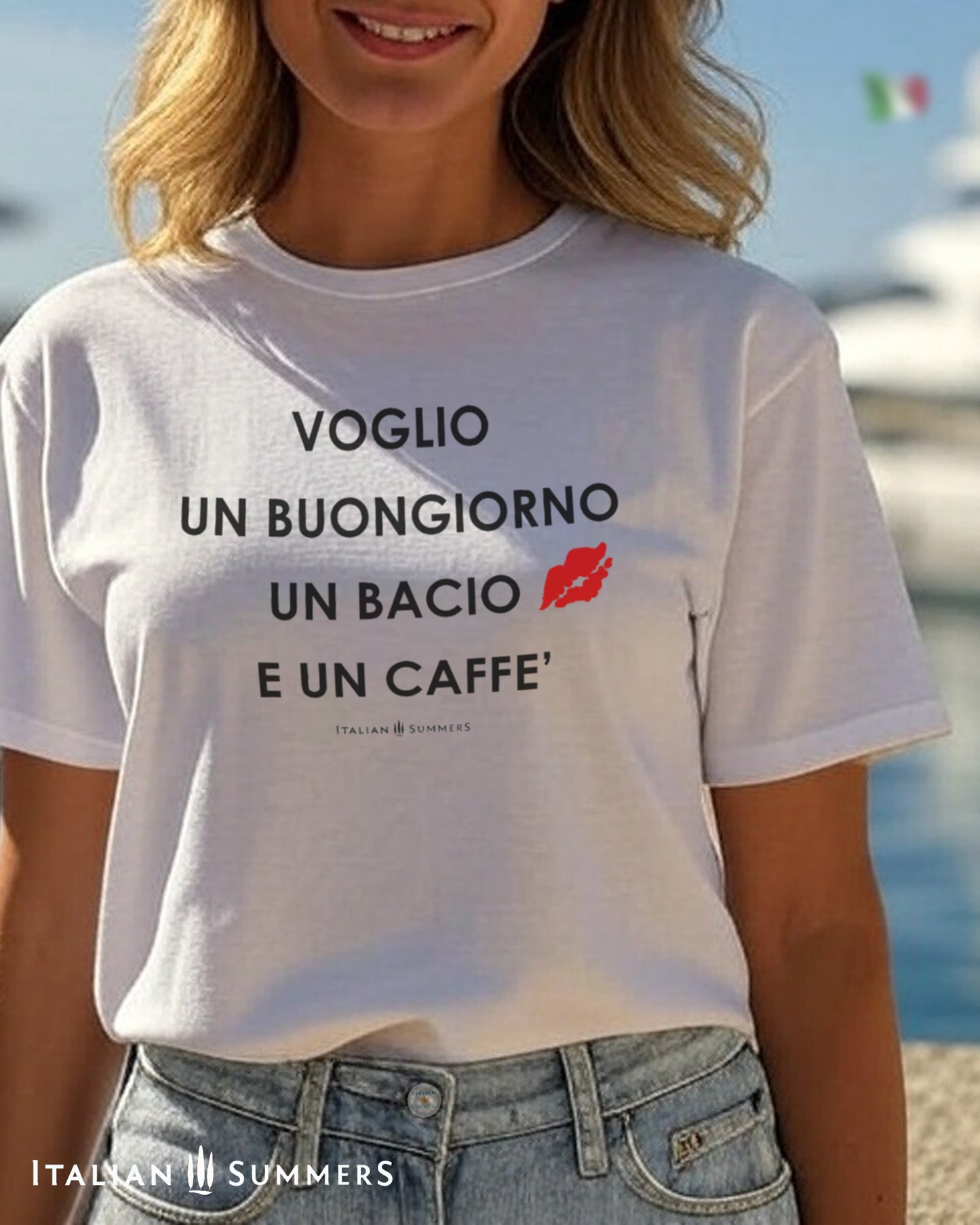 Italy T shirt VOGLIO UN BUONGIORNO un bacio e un caffe, Italian morning love, say it in Italian T shirt.