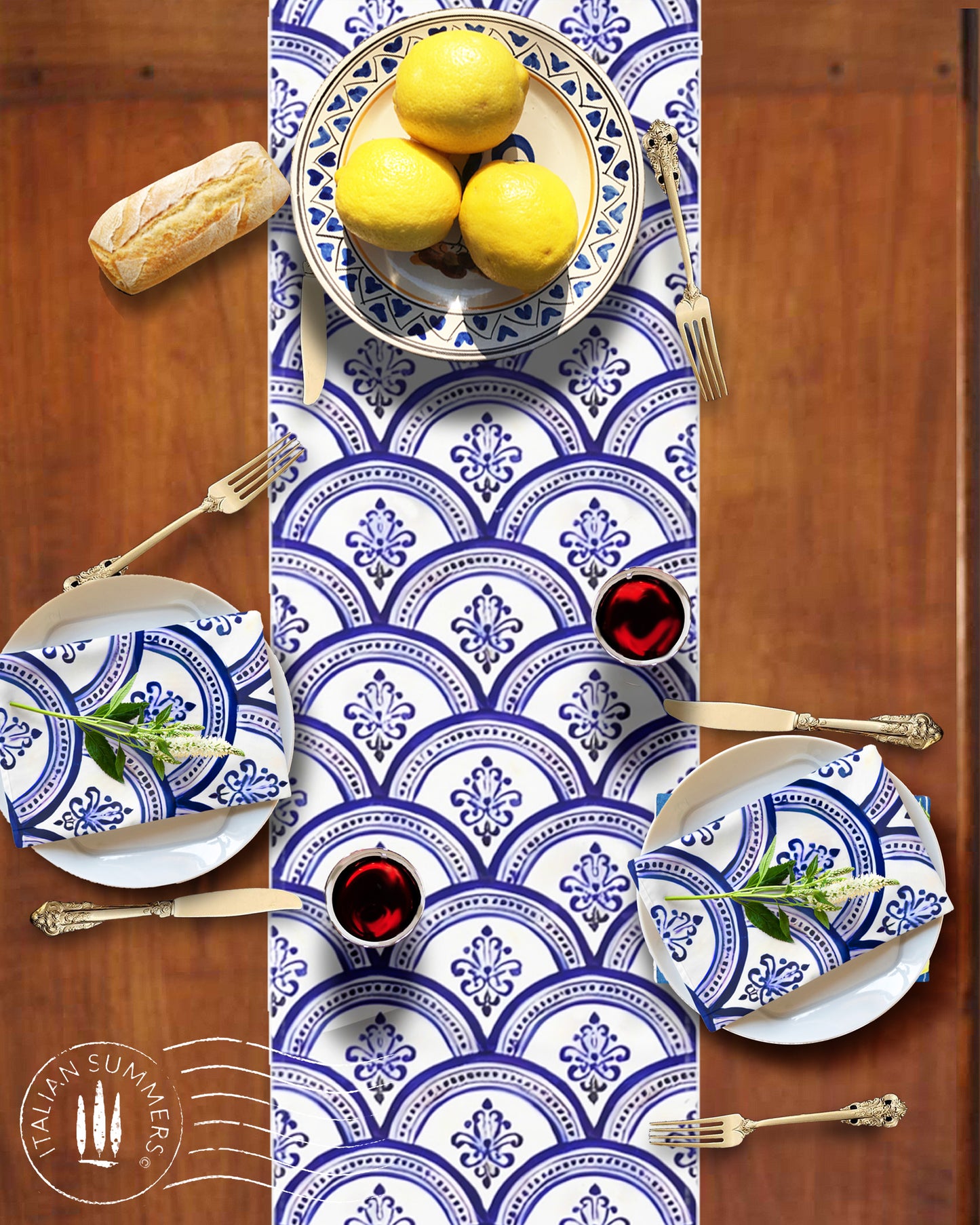 Table Runner SOGNO D'AMALFI by Italian Summers,  made to order, Mediterranean style, inspired by the Maiolica domes of the enchanted Coast of Amalfi