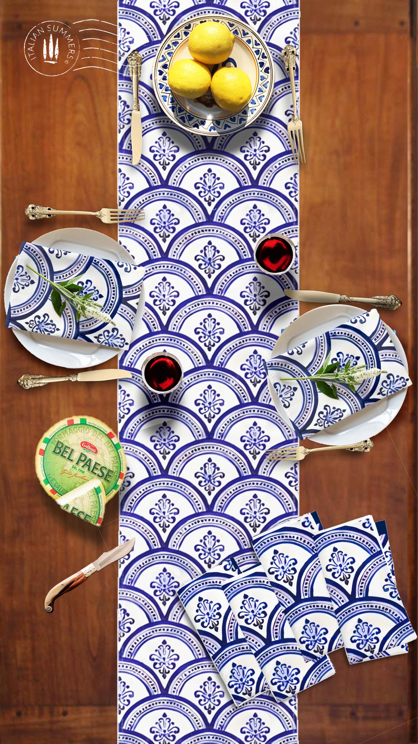 Table Runner SOGNO D'AMALFI by Italian Summers, made to order, Mediterranean style, inspired by the Maiolica domes of the enchanted Coast of Amalfi