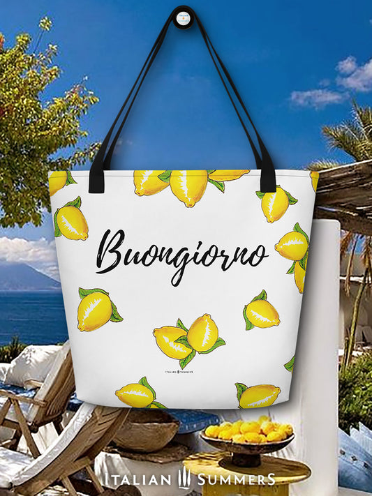 Tote Bag BUONGIORNO LIMONI  |  Italy tote, beach tote, Italian food lovers, Cucina Italiana, Italian food theme, Amore, Ciao, Italy traveler