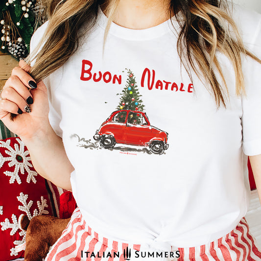 Italy Christmas T-shirt with red Fiat 500 carrying Christmas tree – festive holiday tee