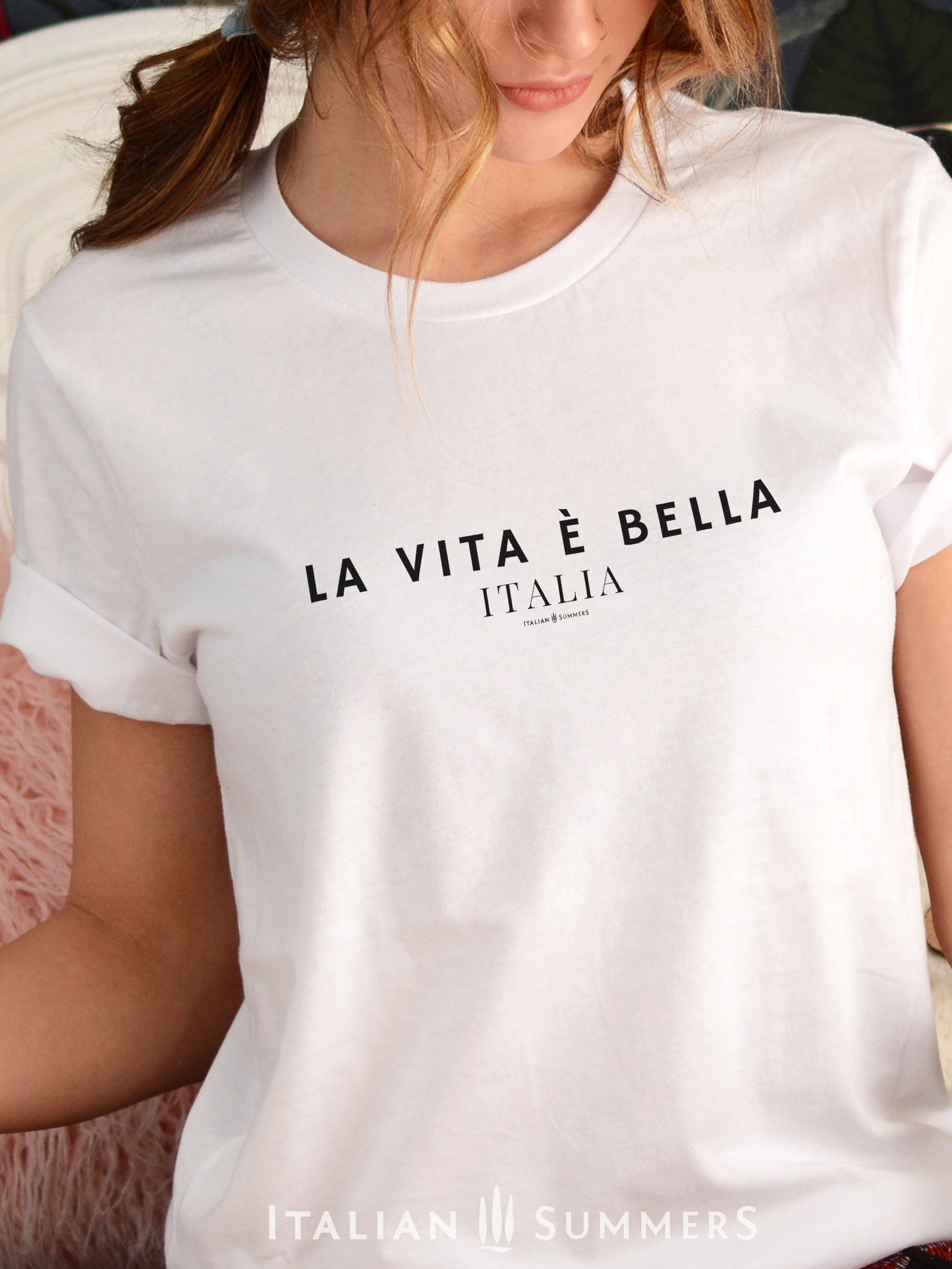 Italy inspired T Shirt with the quote: " La vita e' Bella" - " Life is Beautiful" under the text the word ITALIA