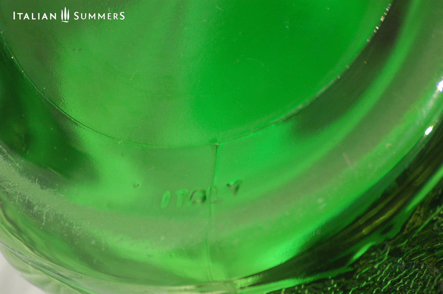 Italy vintage green glass set by Bormioli with embossed Lemon slices, 6 tumblers and a carafe by Italian Summers