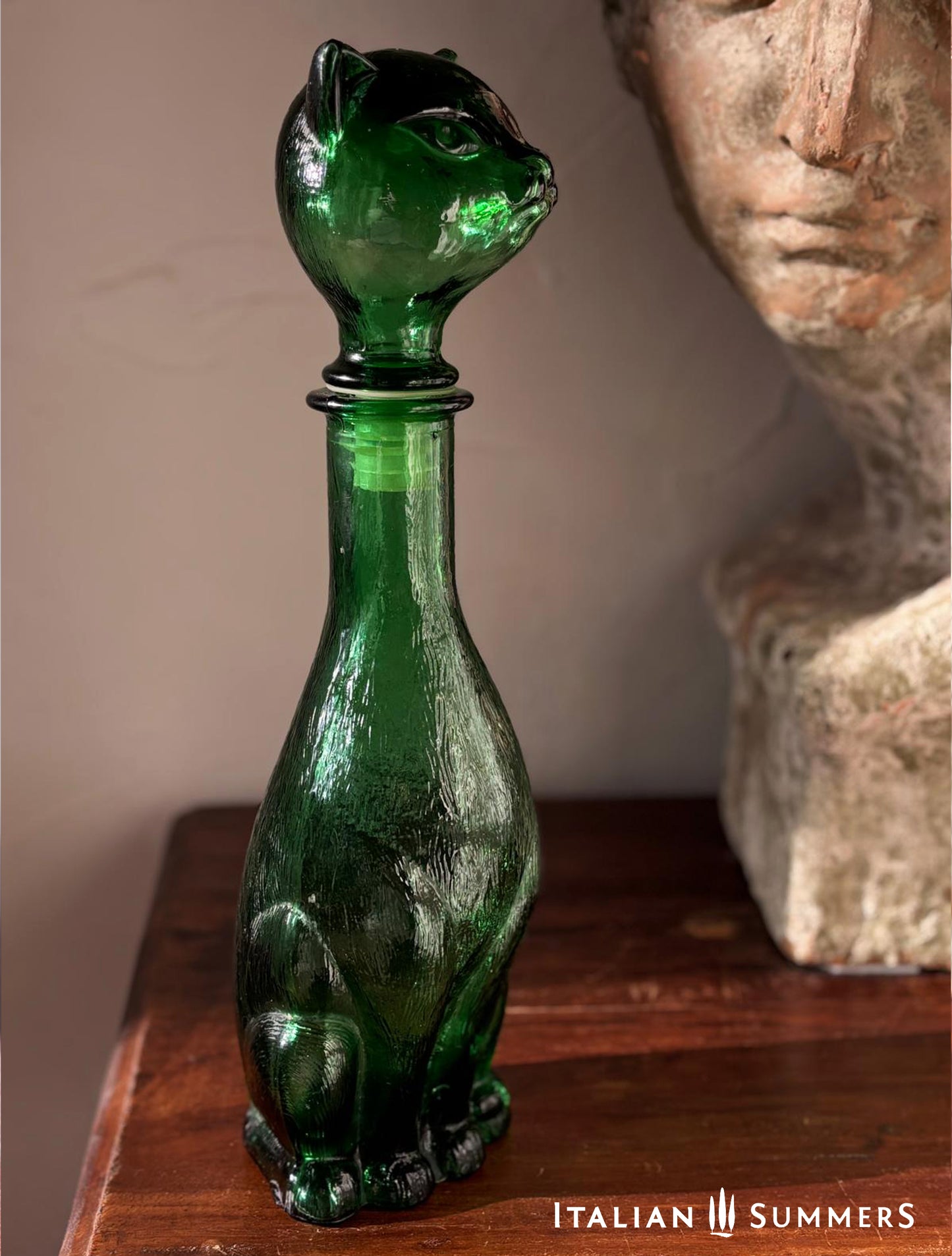 Vintage 1960-70s Empoli emerald glass Cat Genie Bottle/decanter, Italian designer decanter