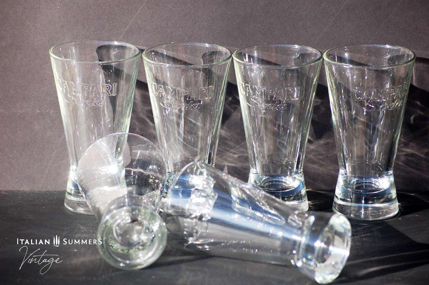 Vintage Campari Soda glasses in original box from the sixties Italian barware