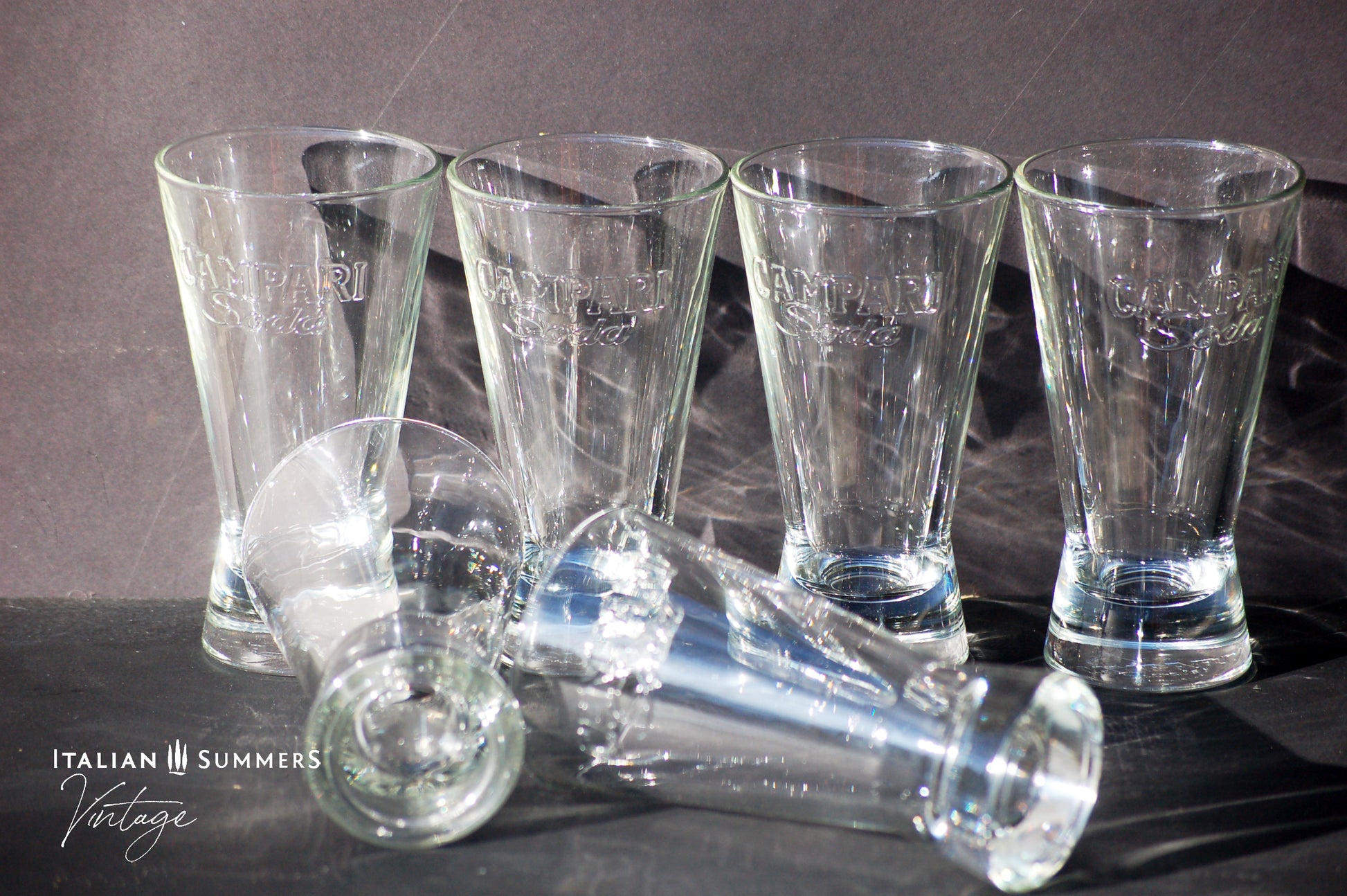 Vintage Campari Soda glasses in original box from the sixties Italian barware