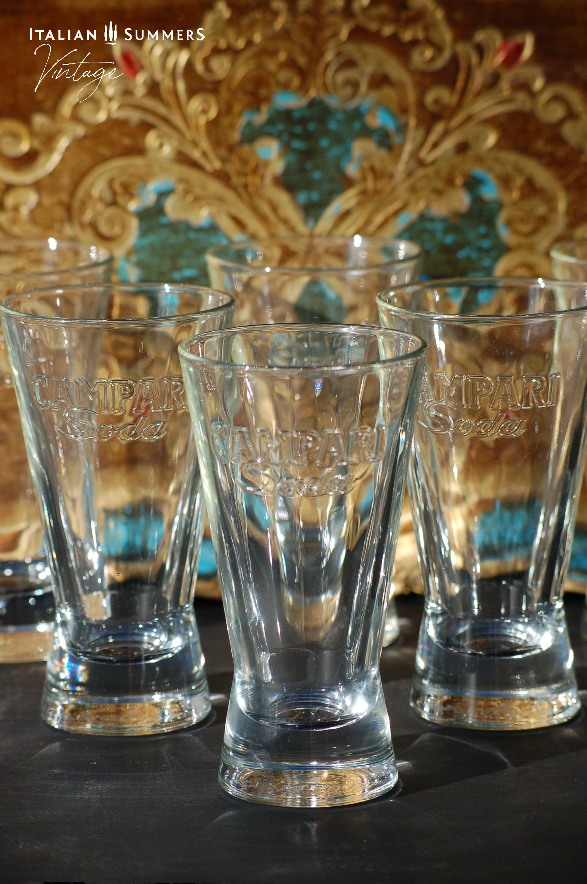 Vintage Campari Soda glasses in original box from the sixties Italian barware