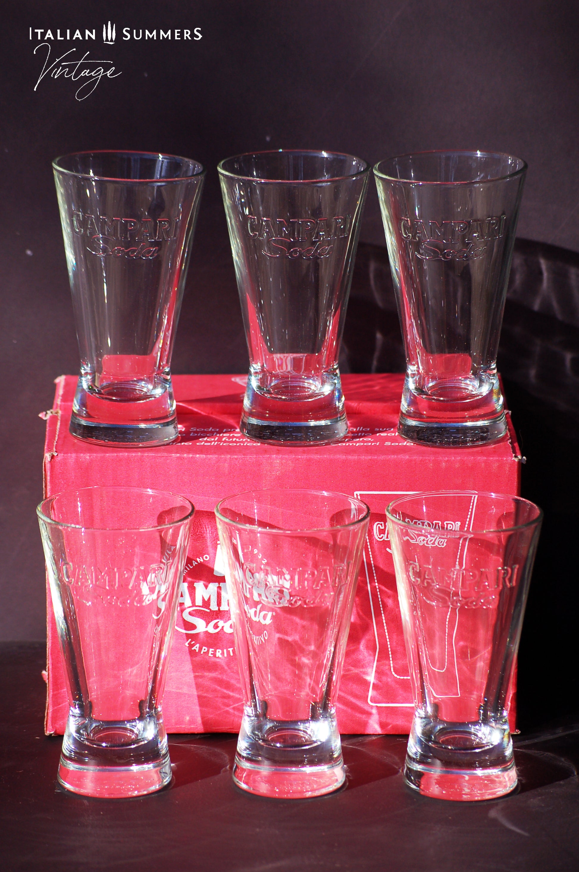 Vintage Campari Soda glasses in original box from the sixties Italian barware
