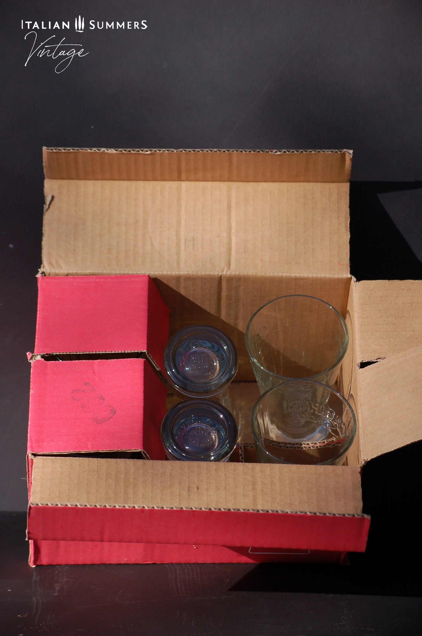 Vintage Campari Soda glasses in original box from the sixties Italian barware