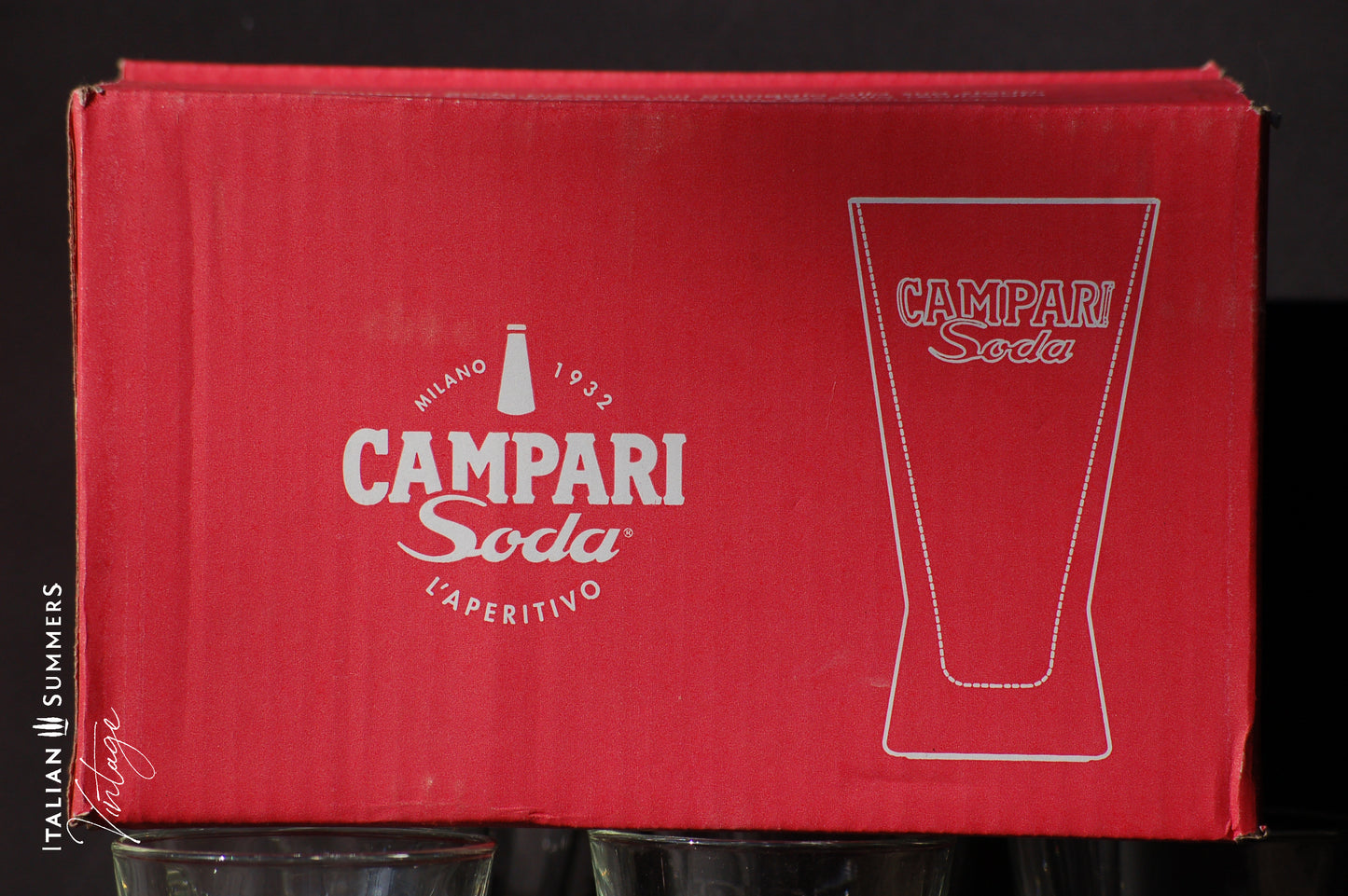 Vintage Campari Soda glasses in original box from the sixties Italian barware