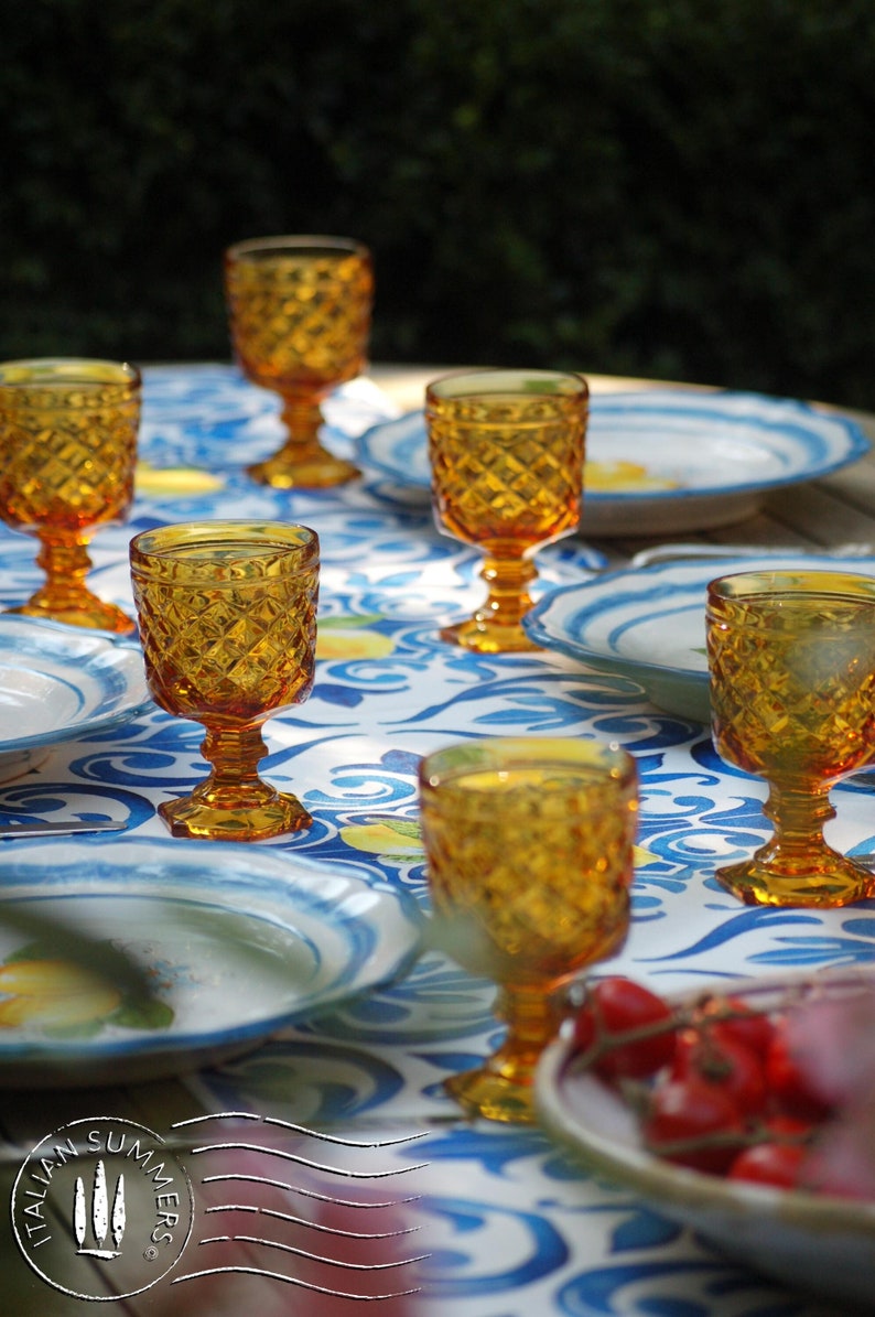 Vintage Italian Amber glass gine goblets with embossed diamond pattern by Bormioli