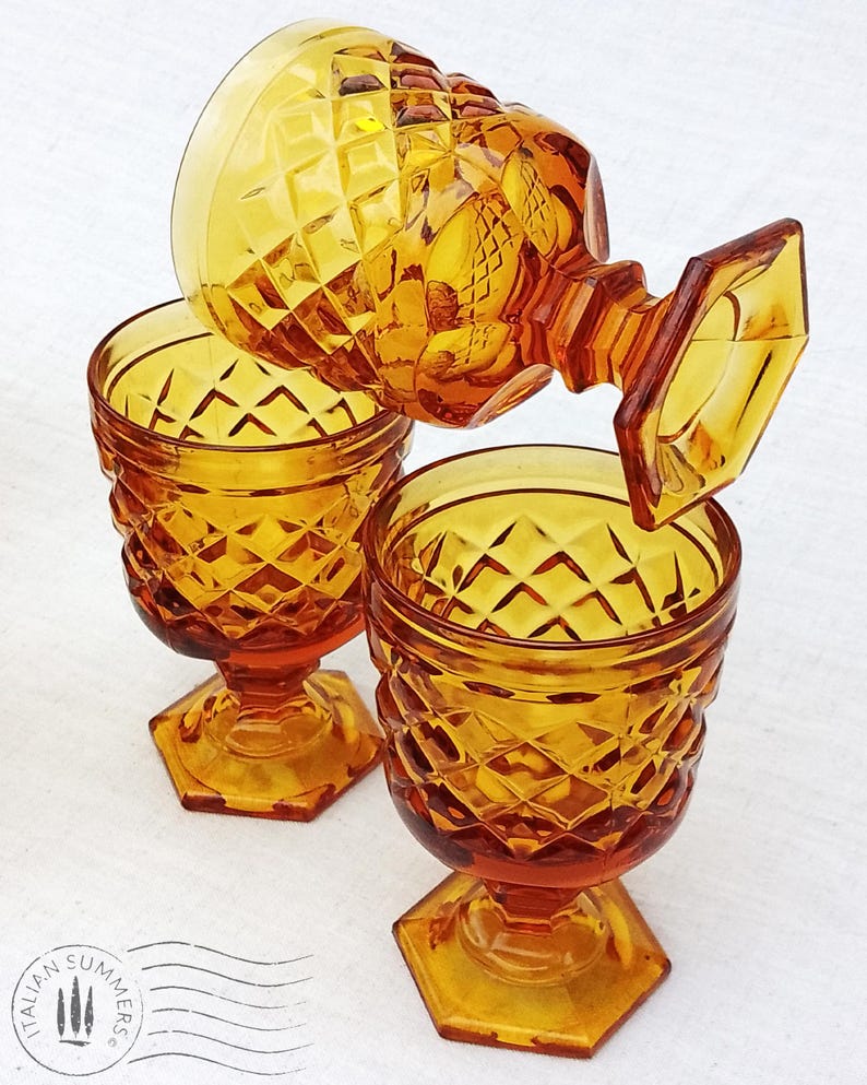 Vintage Italian Amber glass gine goblets with embossed diamond pattern by Bormioli