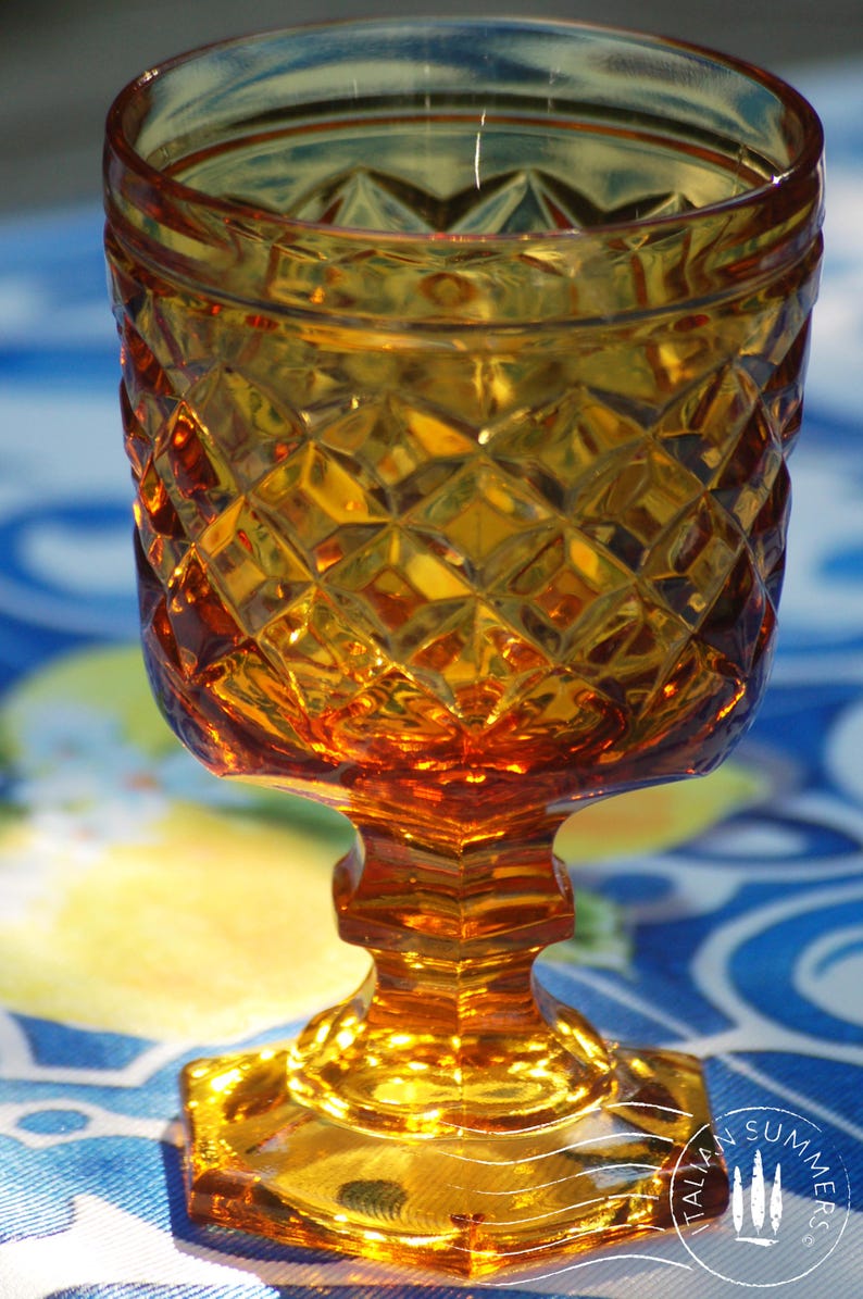 Vintage Italian Amber glass gine goblets with embossed diamond pattern by Bormioli