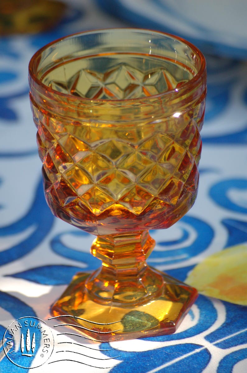 Vintage Italian Amber glass gine goblets with embossed diamond pattern by Bormioli