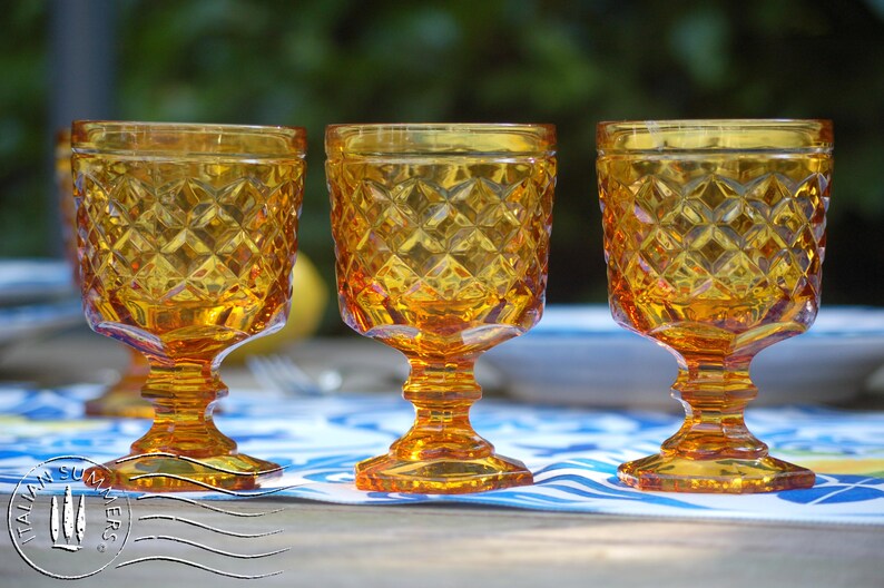 Vintage Italian Amber glass gine goblets with embossed diamond pattern by Bormioli