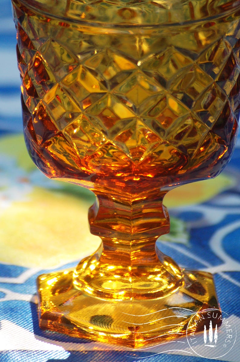 Vintage Italian Amber glass gine goblets with embossed diamond pattern by Bormioli