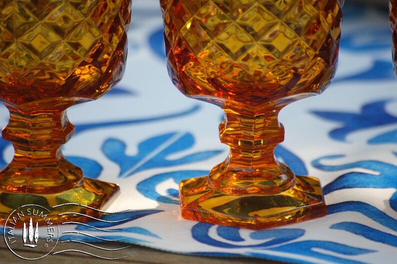 Vintage Italian Amber glass gine goblets with embossed diamond pattern by Bormioli