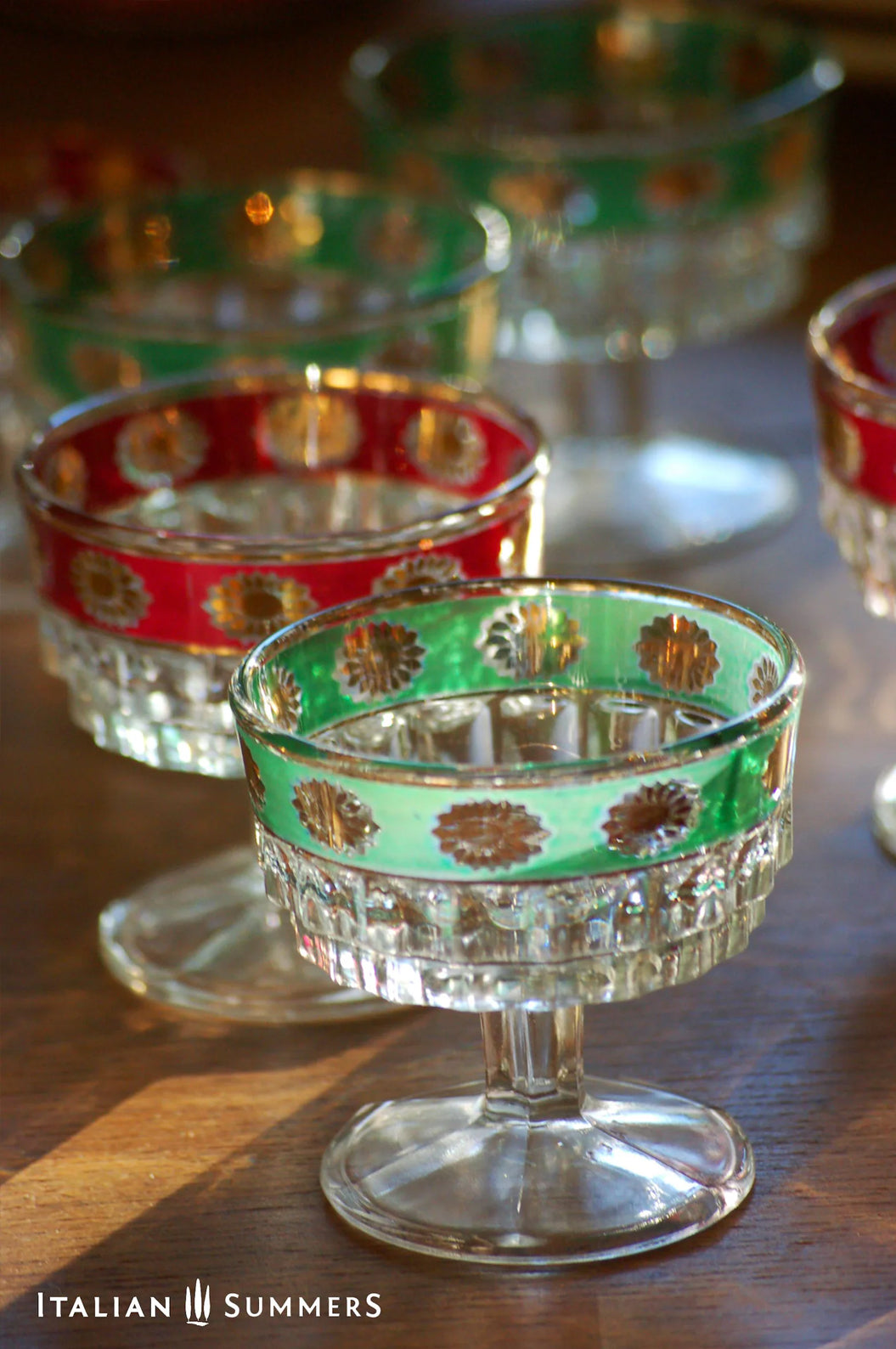 Vintage Italian Christmas gold rimmed glass coupes by Stampi Francolini