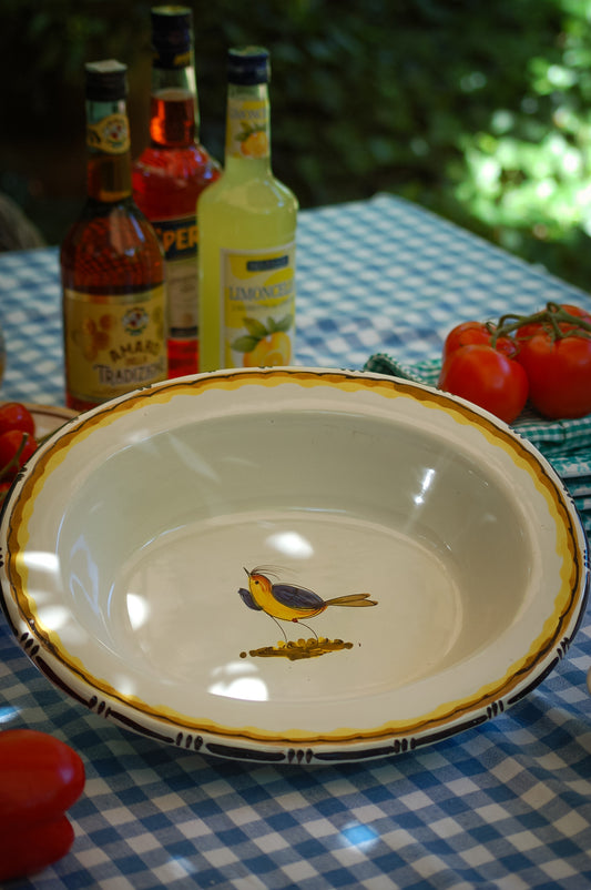 Vintage ceramic serving plate with hand-painted bird in the center from Tuscany Italian home decor