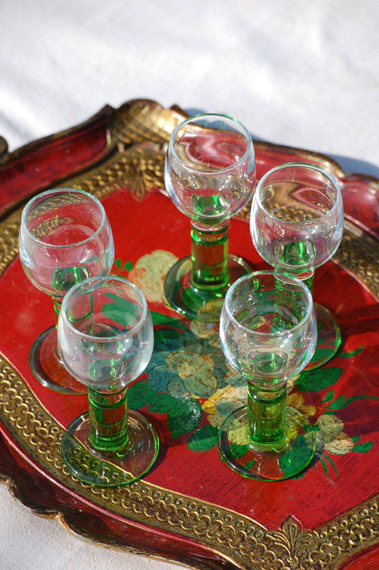 Vintage set limoncello glasses with limegreen foot Bormioli 70s