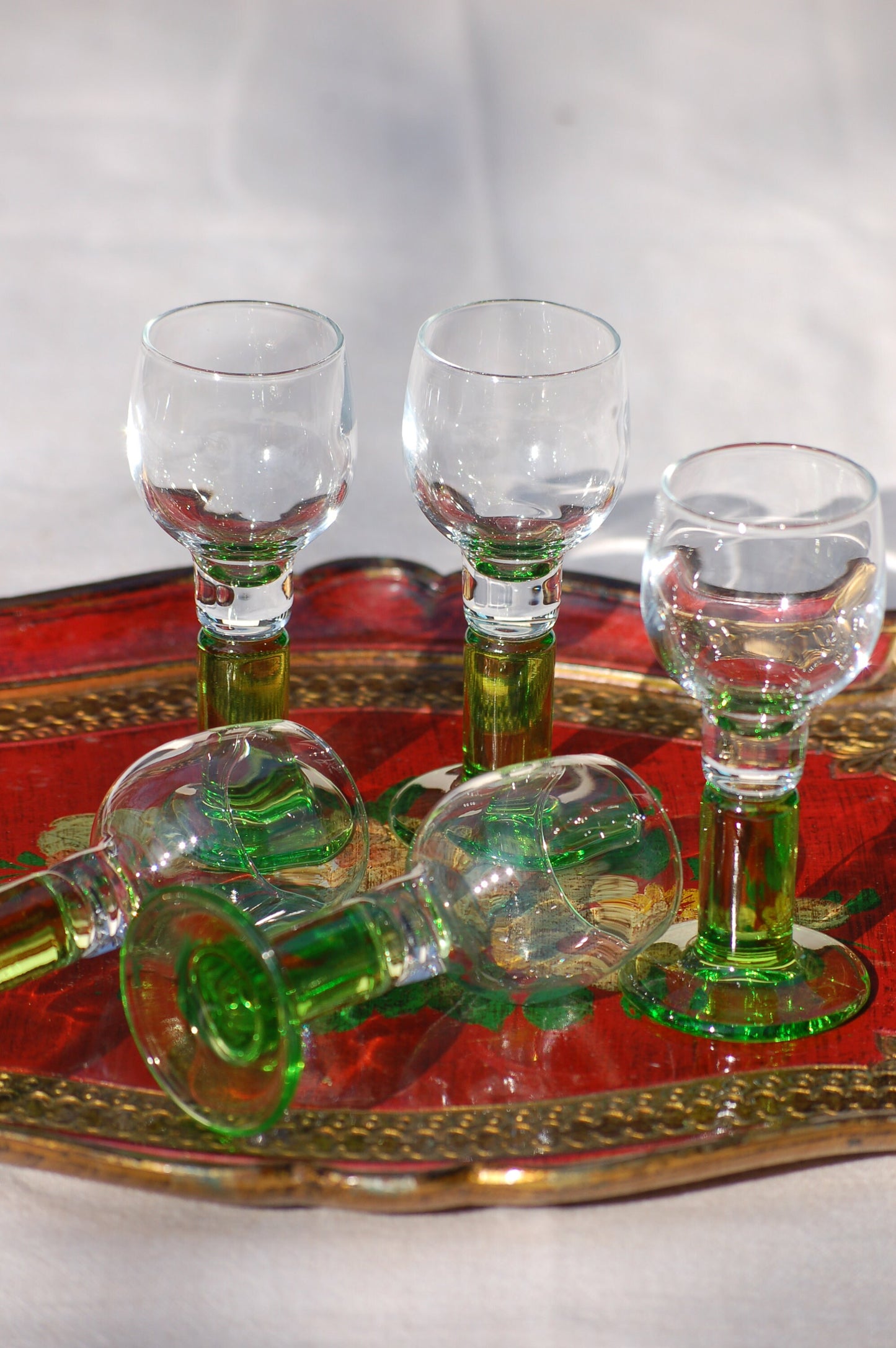 Vintage set limoncello glasses with limegreen foot Bormioli 70s Italian barware
