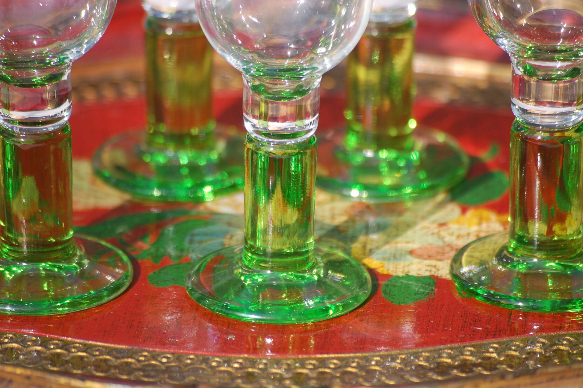 Vintage set limoncello glasses with limegreen foot Bormioli 70s Italian barware Italian digestivo