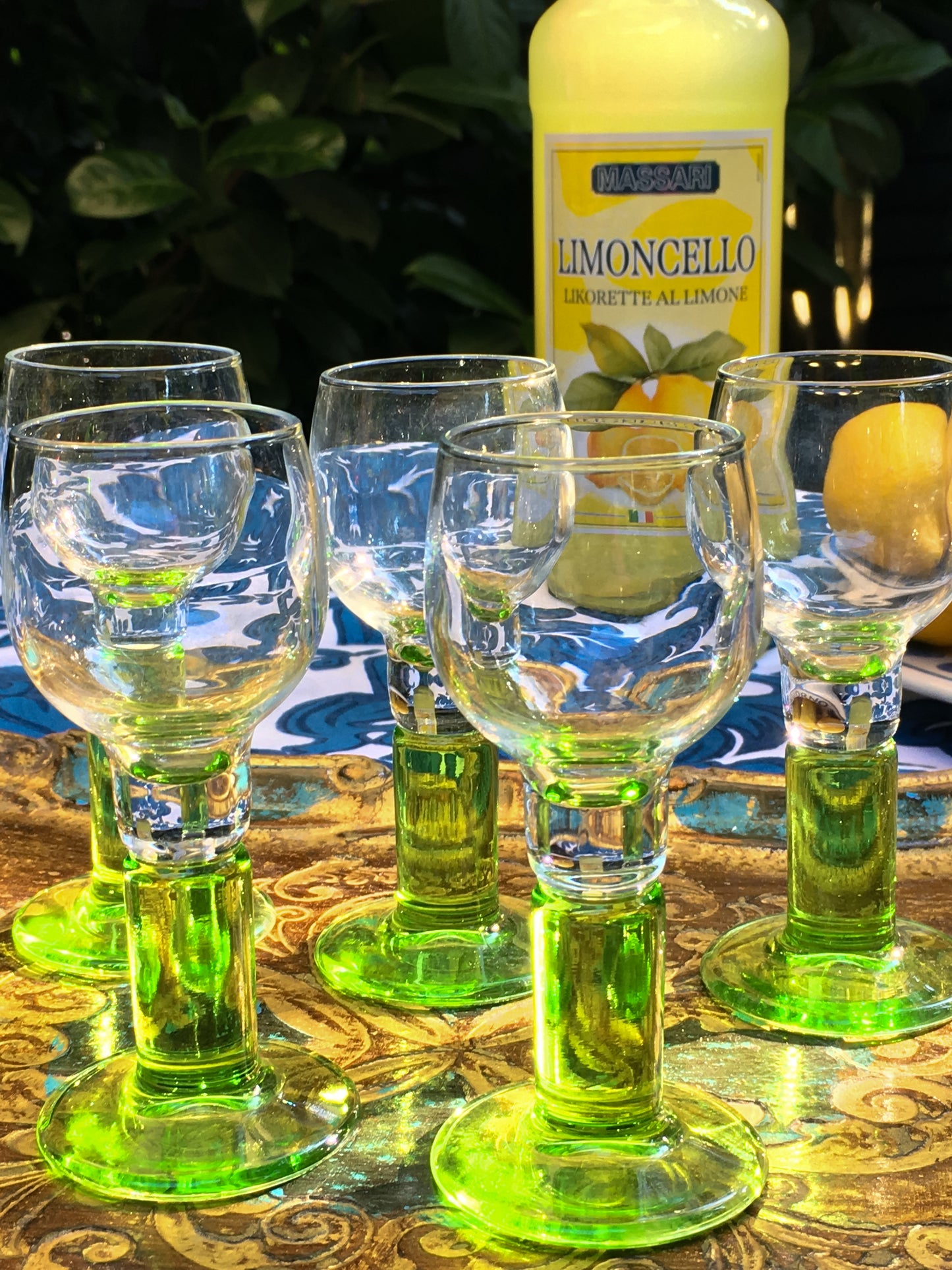 Vintage set limoncello glasses with limegreen foot Bormioli 70s Italian barware Italian digestivo