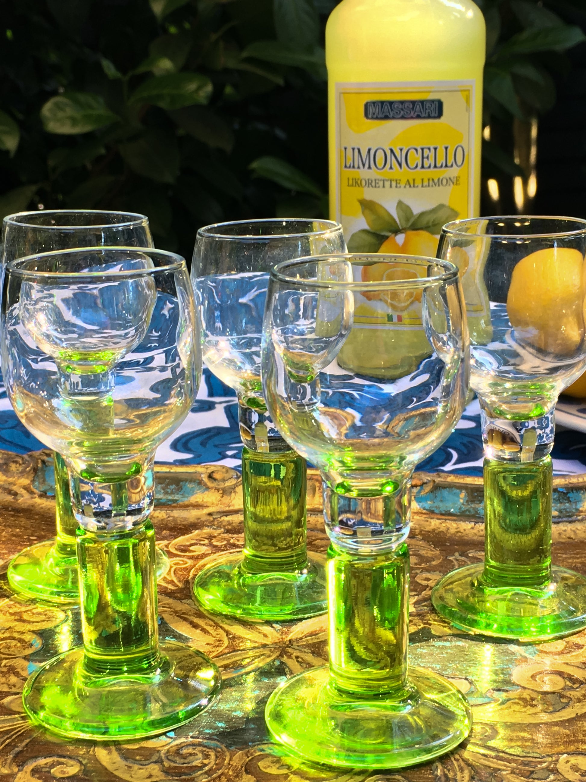 Vintage set limoncello glasses with limegreen foot Bormioli 70s Italian barware Italian digestivo