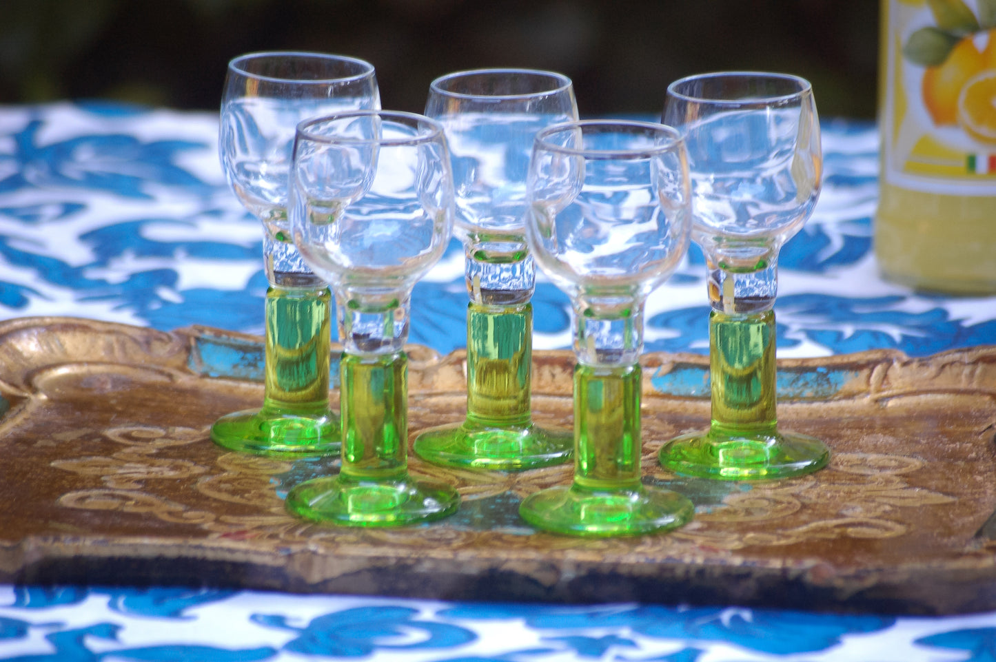 Vintage set limoncello glasses with limegreen foot Bormioli 70s Italian barware Italian digestivo