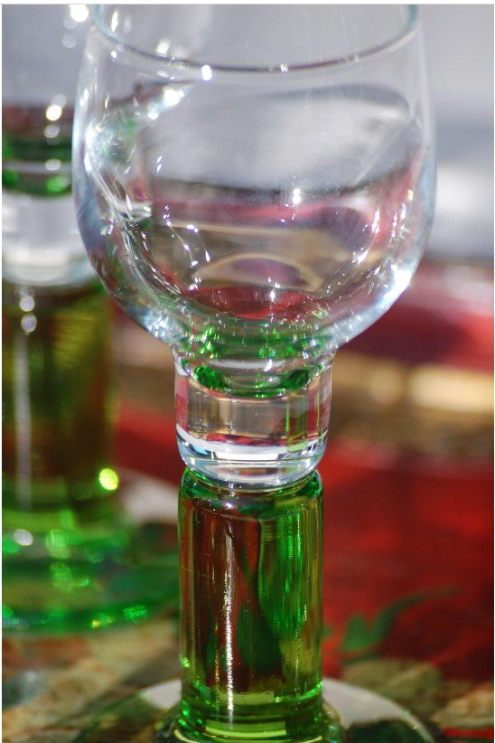 Vintage set limoncello glasses with limegreen foot Bormioli 70s Italian barware