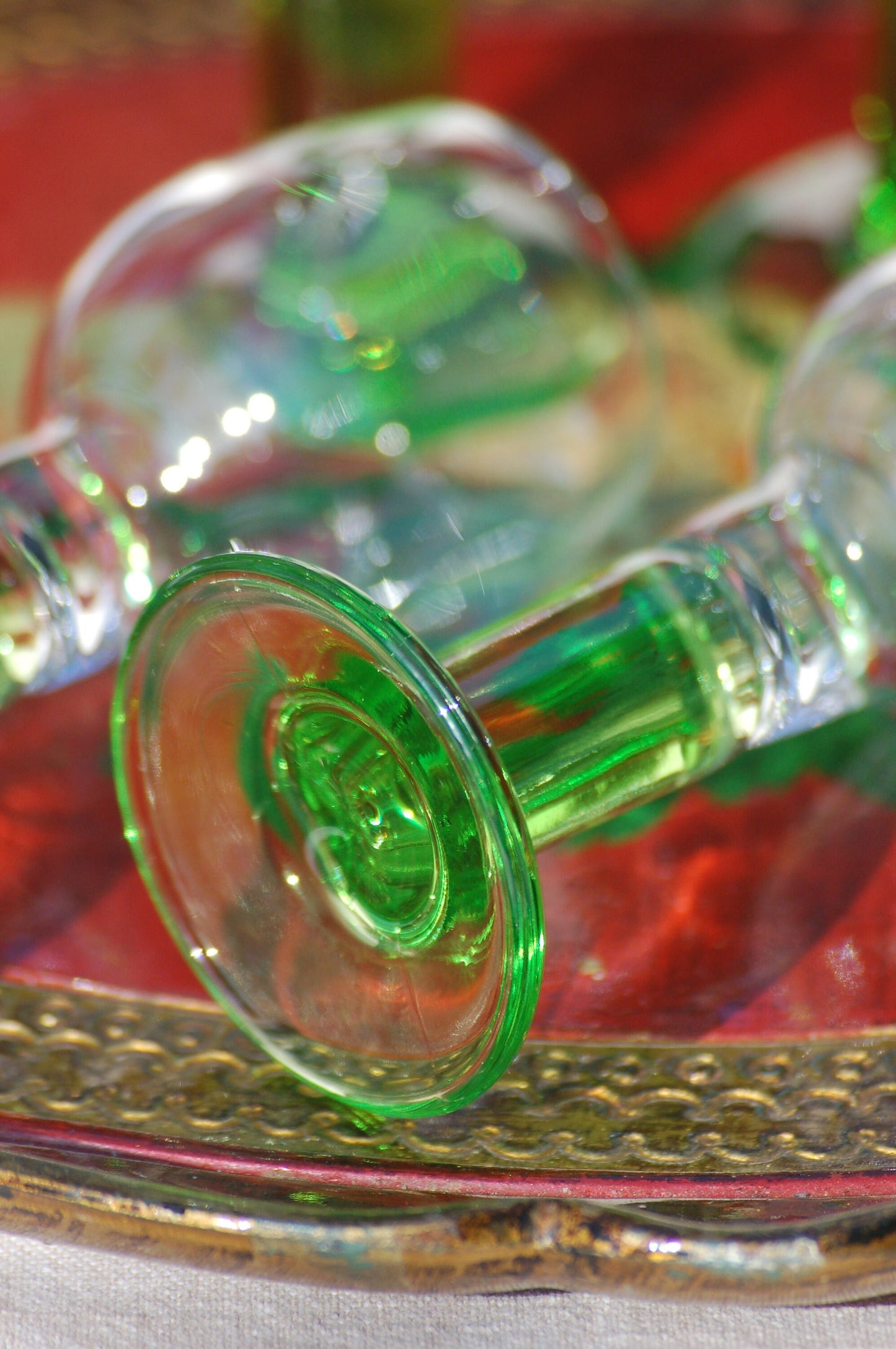Vintage set limoncello glasses with limegreen foot Bormioli 70s Italian barware