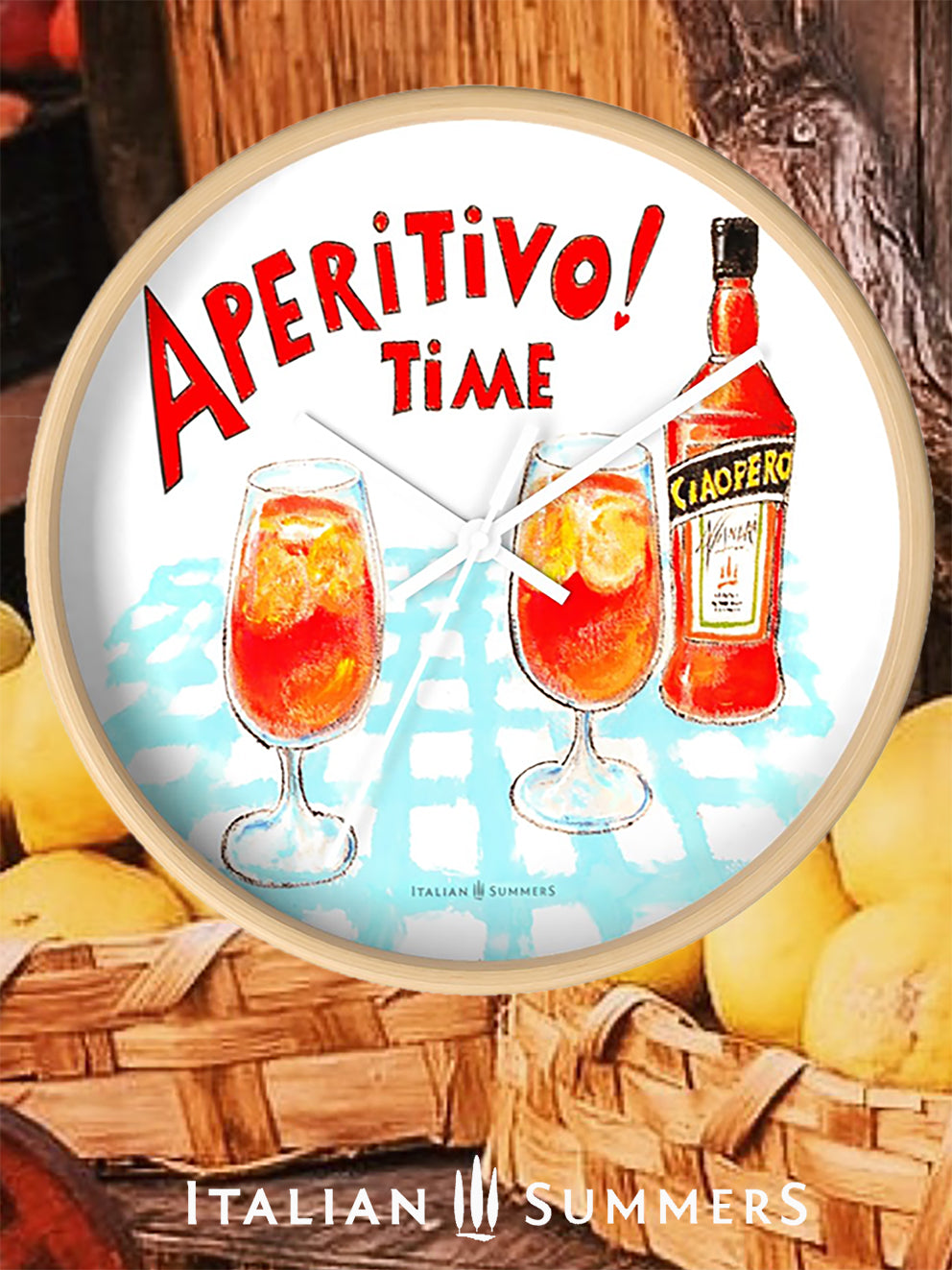 An Italy inspired rond clock with a print of Two glasses and a bottle of Aperol, whizh is called in the sketch Ciaoperol. The bottle and the foot glasses are standing on a light blue checkered table cloth. There is on top of the sketch the text 'Aperitivo time!' in a vintage red color, handwritten font. Made by Italian Summers