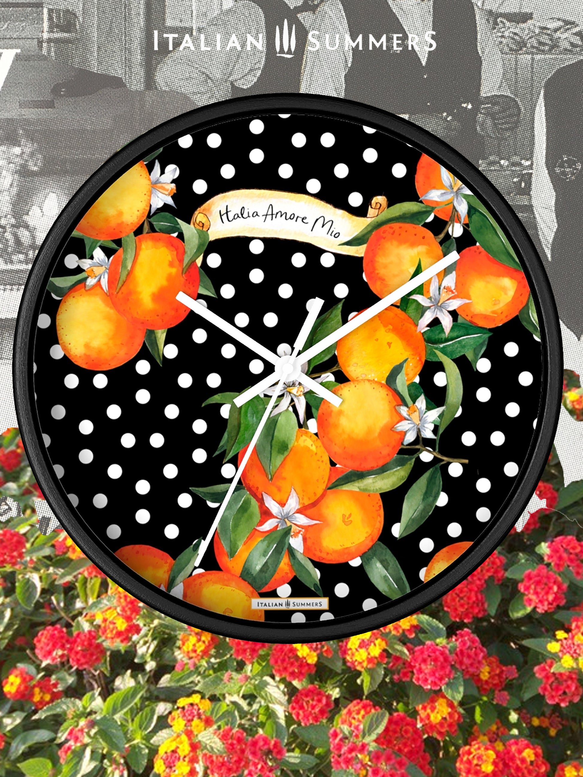 Wall clock SICILIAN GARDEN bursts with color, from the happy white polka dots to the lively orange blossoms. The timeless phrase 'Italia Amore Mio' adds a meaningful touch of love. Designed and sold by Italian Summers