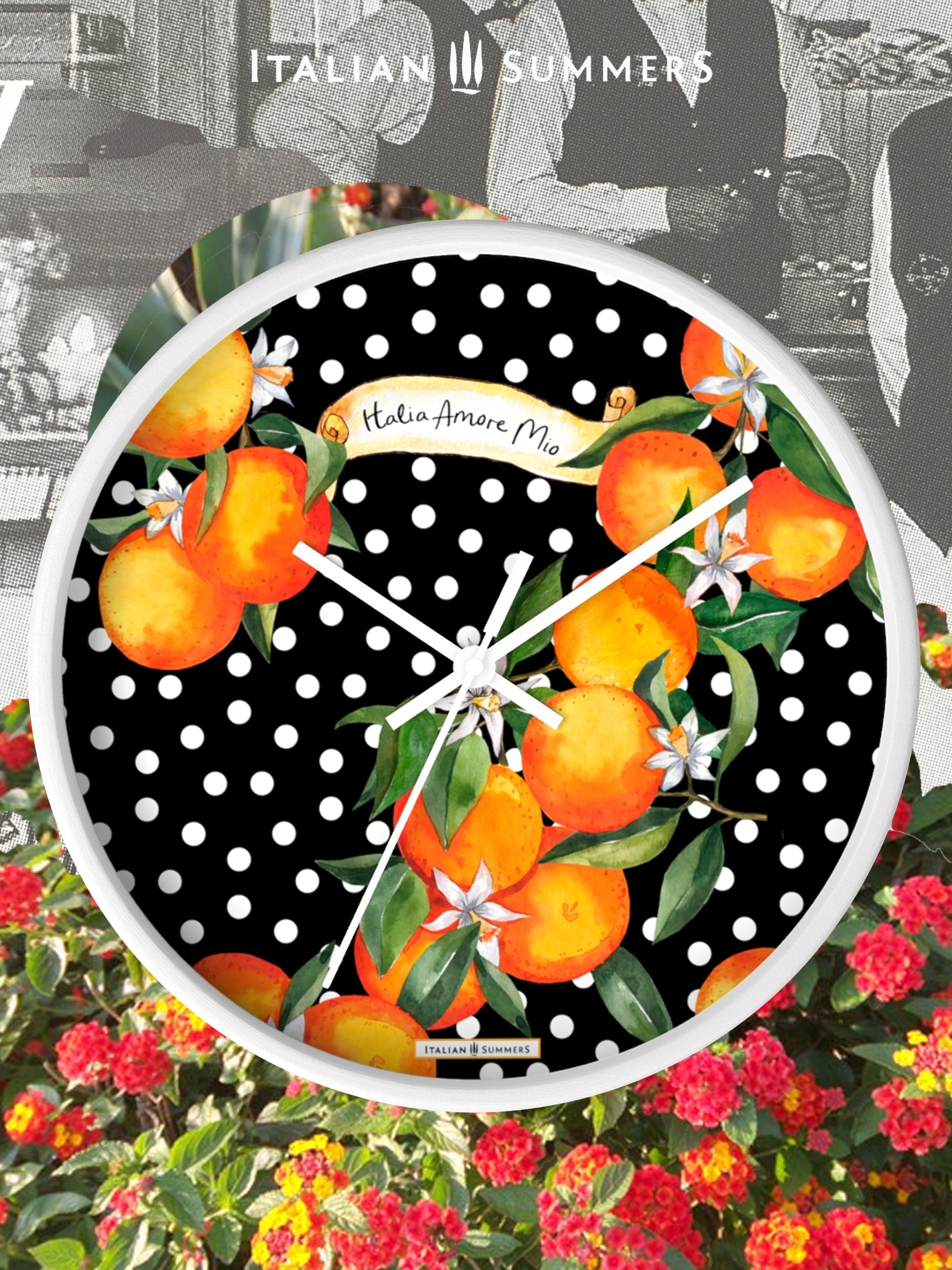 Wall clock SICILIAN GARDEN bursts with color, from the happy white polka dots to the lively orange blossoms. The timeless phrase 'Italia Amore Mio' adds a meaningful touch of love. Designed and sold by Italian Summers