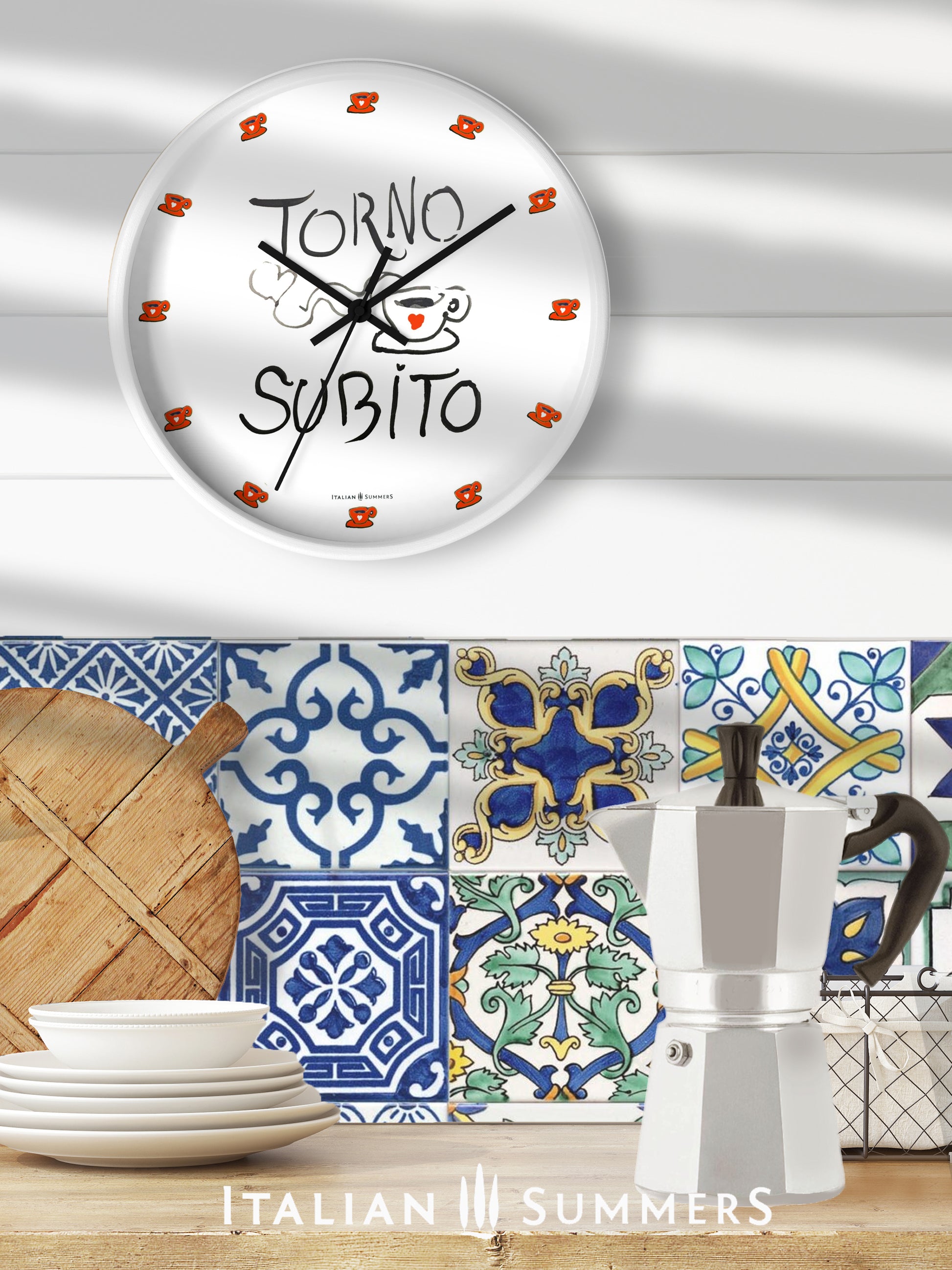 Italy inspired Wall Clock Torno Subito Inspired by the Italian notes left behind by shops on their espresso breaks. Designed and sold by Italian Summers