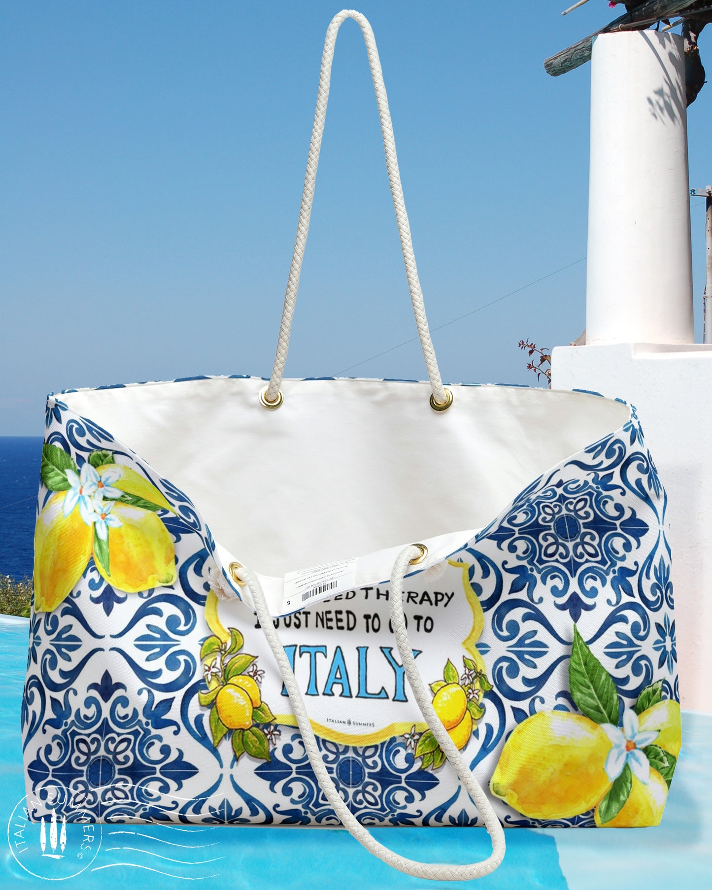 XL Italy -inspired  Beach Bag with printed Italian blue tile pattern and Sorrento Lemons with a quote between them: " I don't need therapy, I just need to go to Italy"  made to order  bag, by Italian Summers.